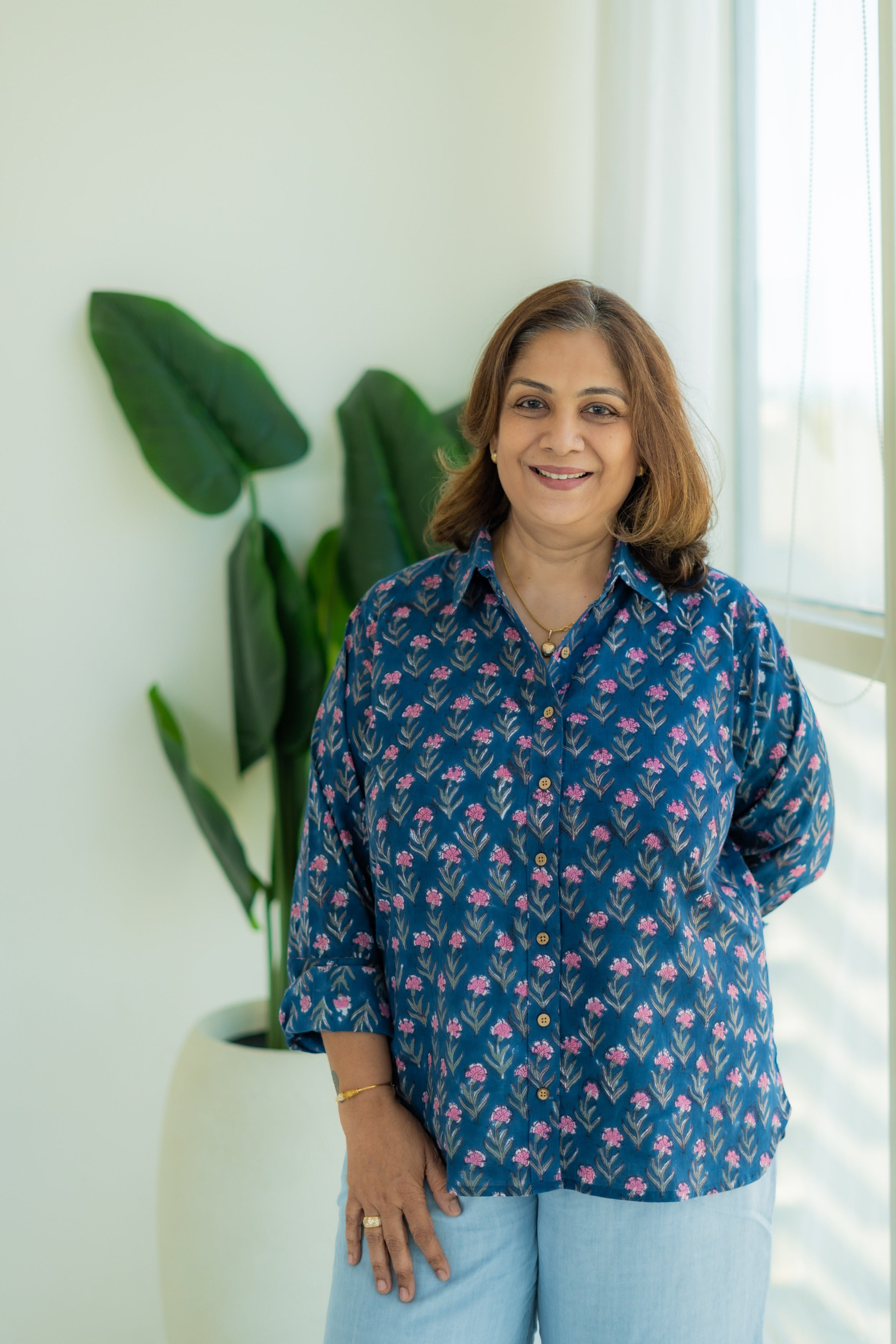 Indigo Spring Floral Handblock Cotton Shirt