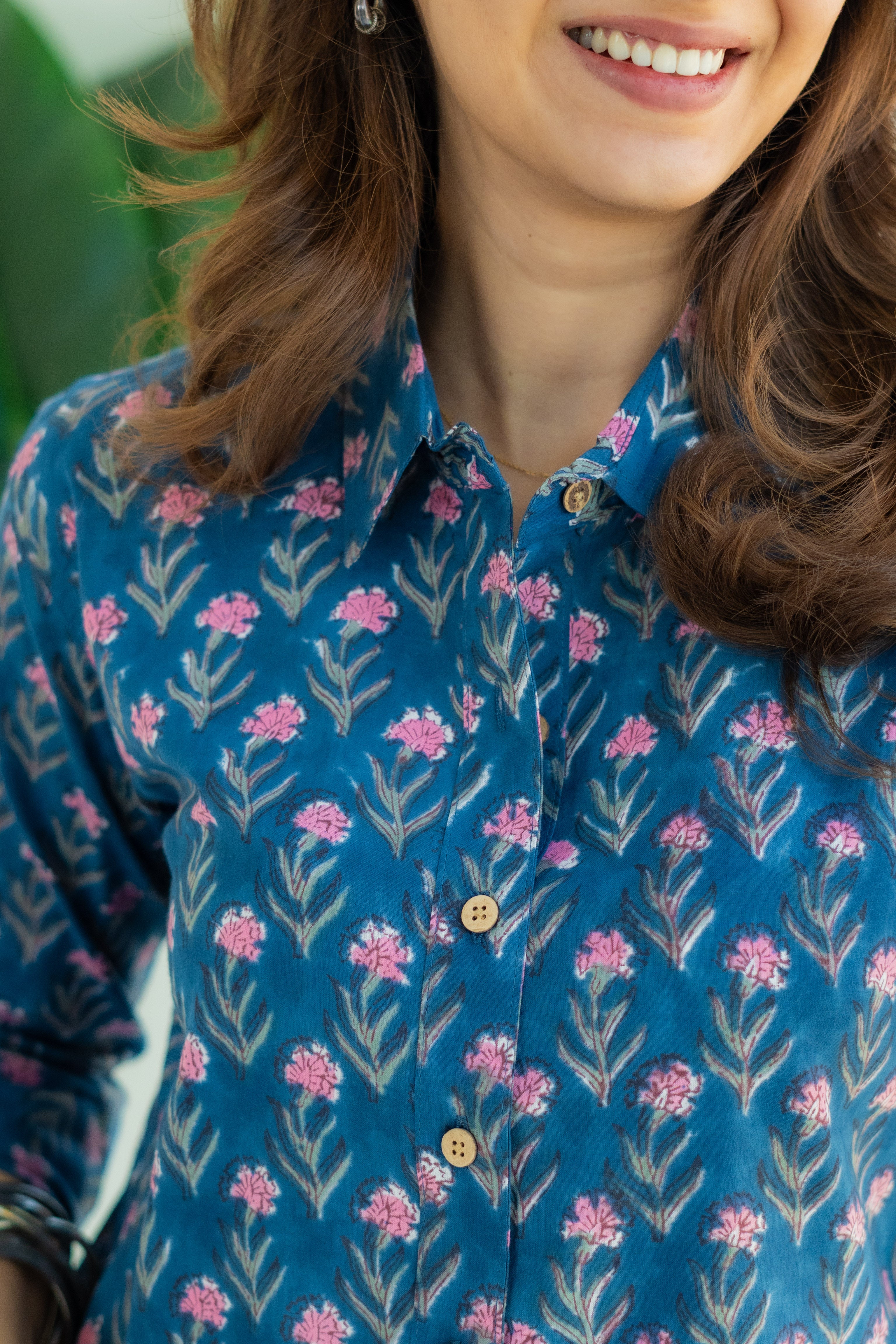 Indigo Spring Floral Handblock Cotton Shirt