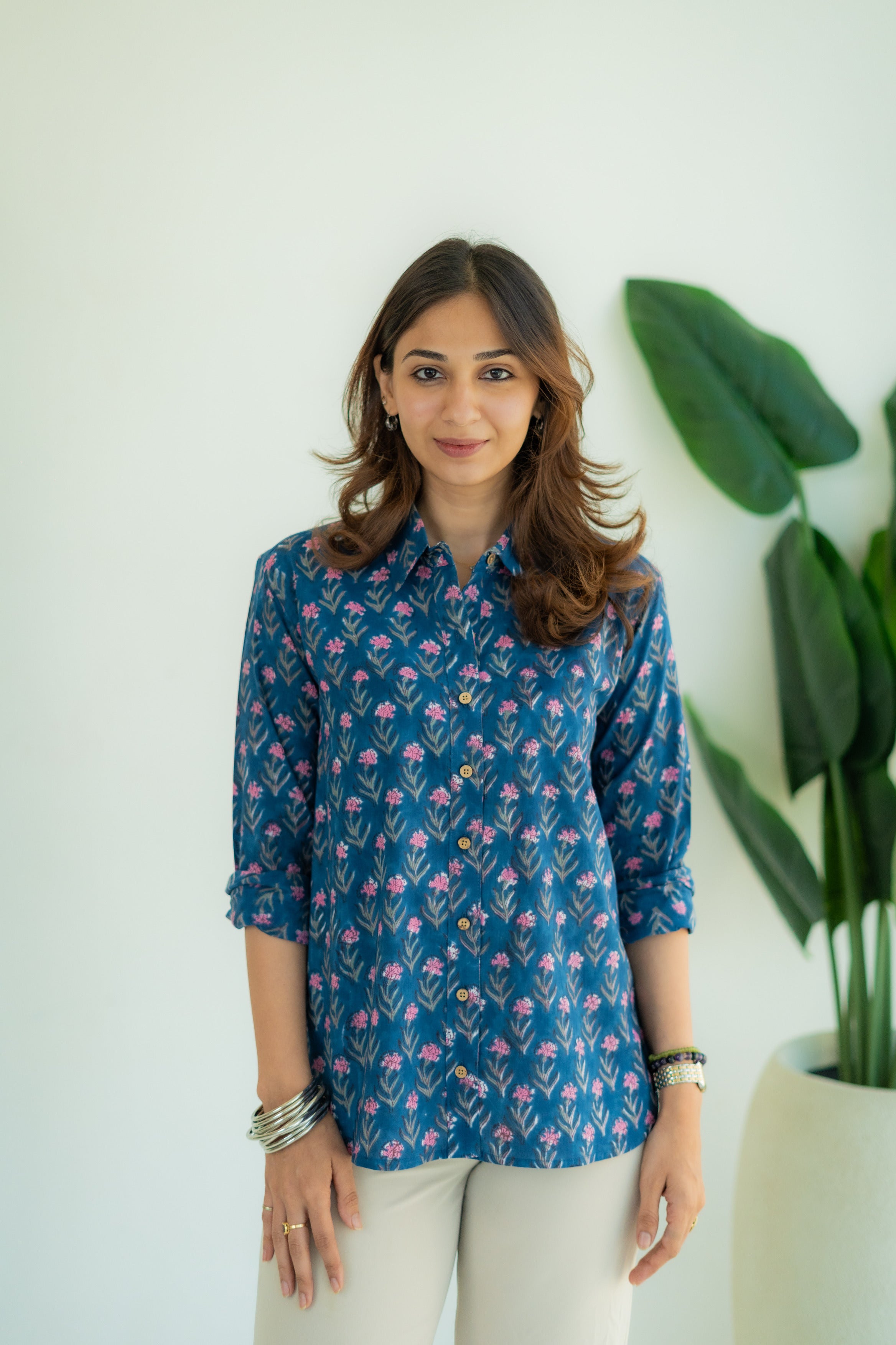 Indigo Spring Floral Handblock Cotton Shirt