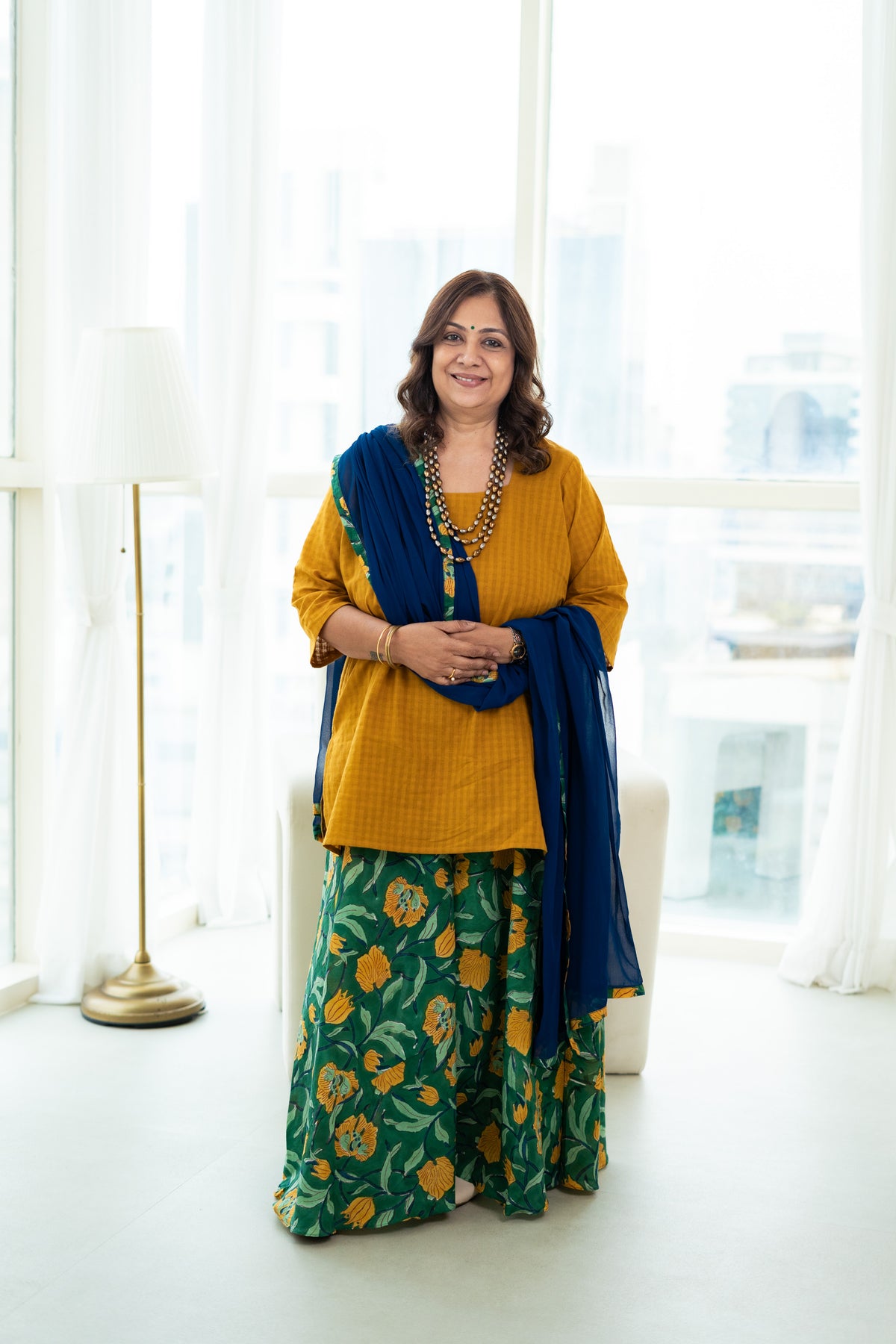 Mustard Cotton Kurta with Handblock Sharara & Dupatta Set