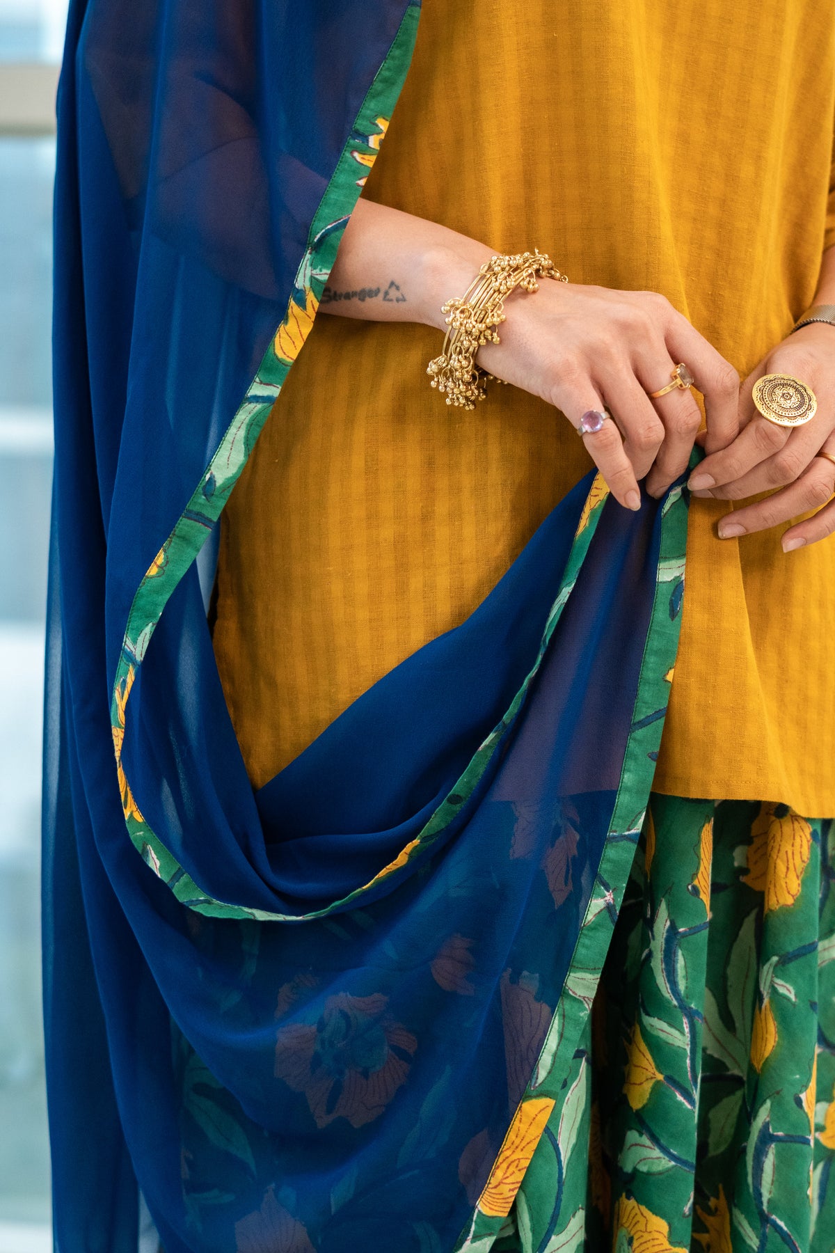 Mustard Cotton Kurta with Handblock Sharara & Dupatta Set