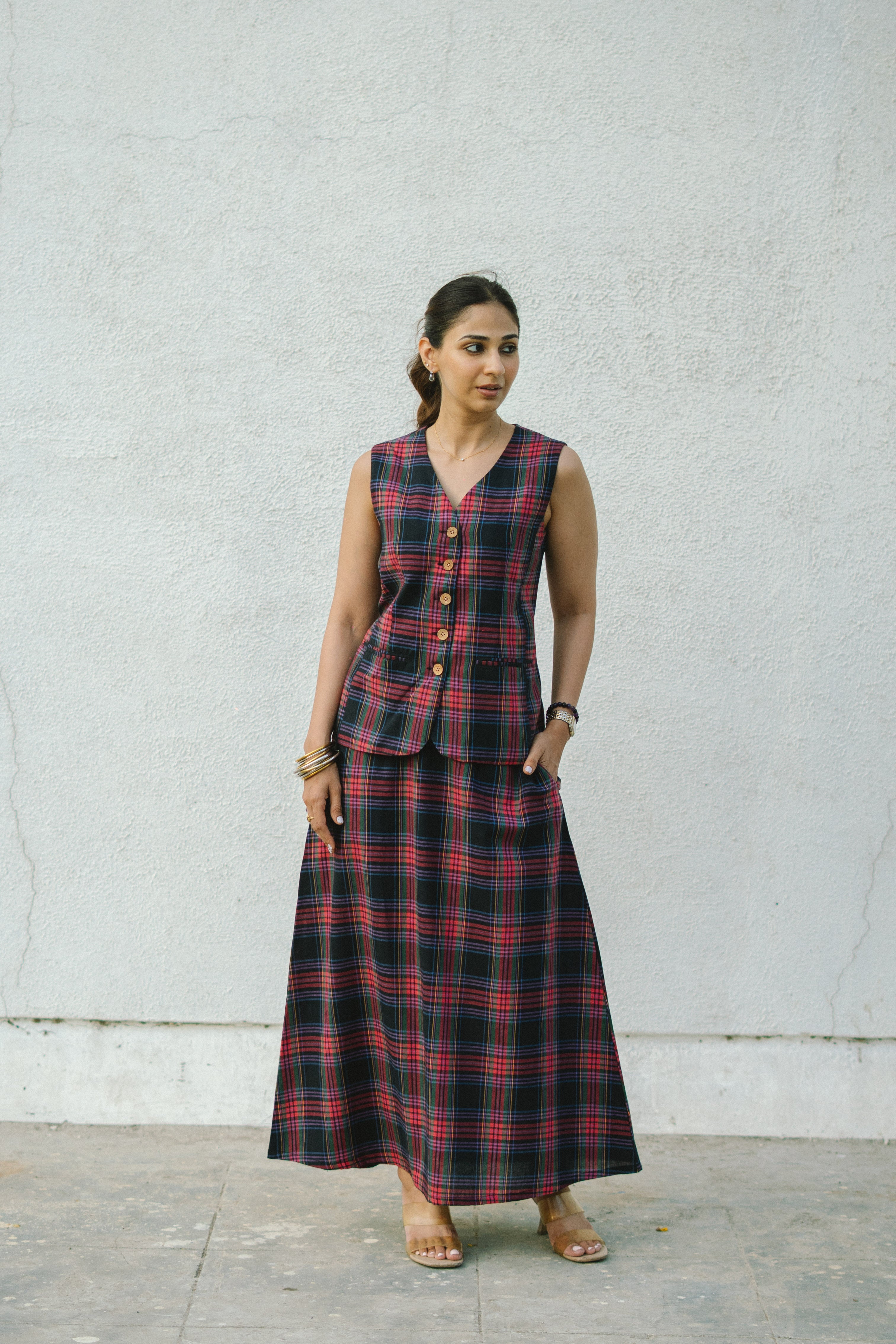 Black Madras Checks Cotton Waistcoat and Skirt