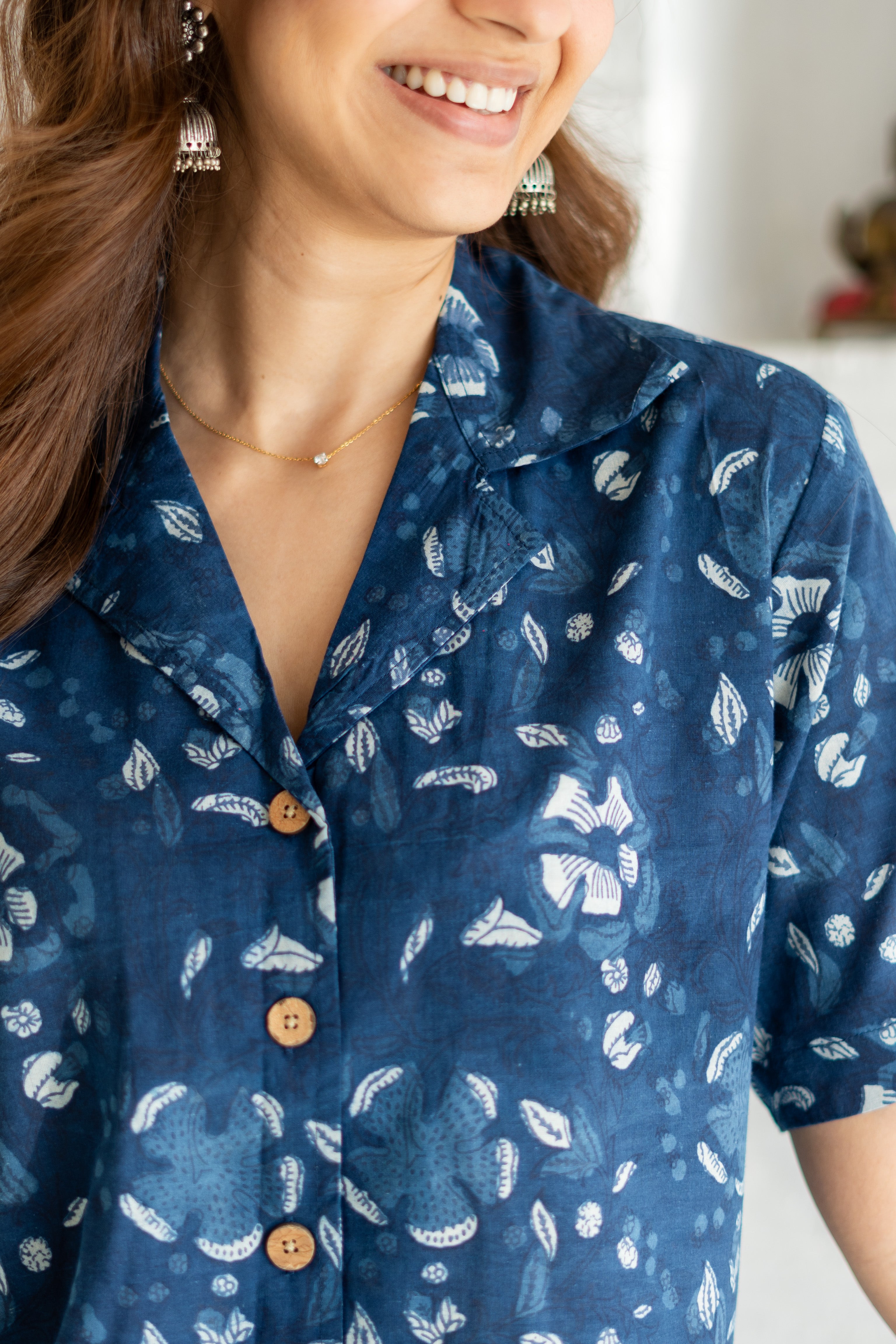 Navy Blue Floral Handblock Cotton Shirt Kurti