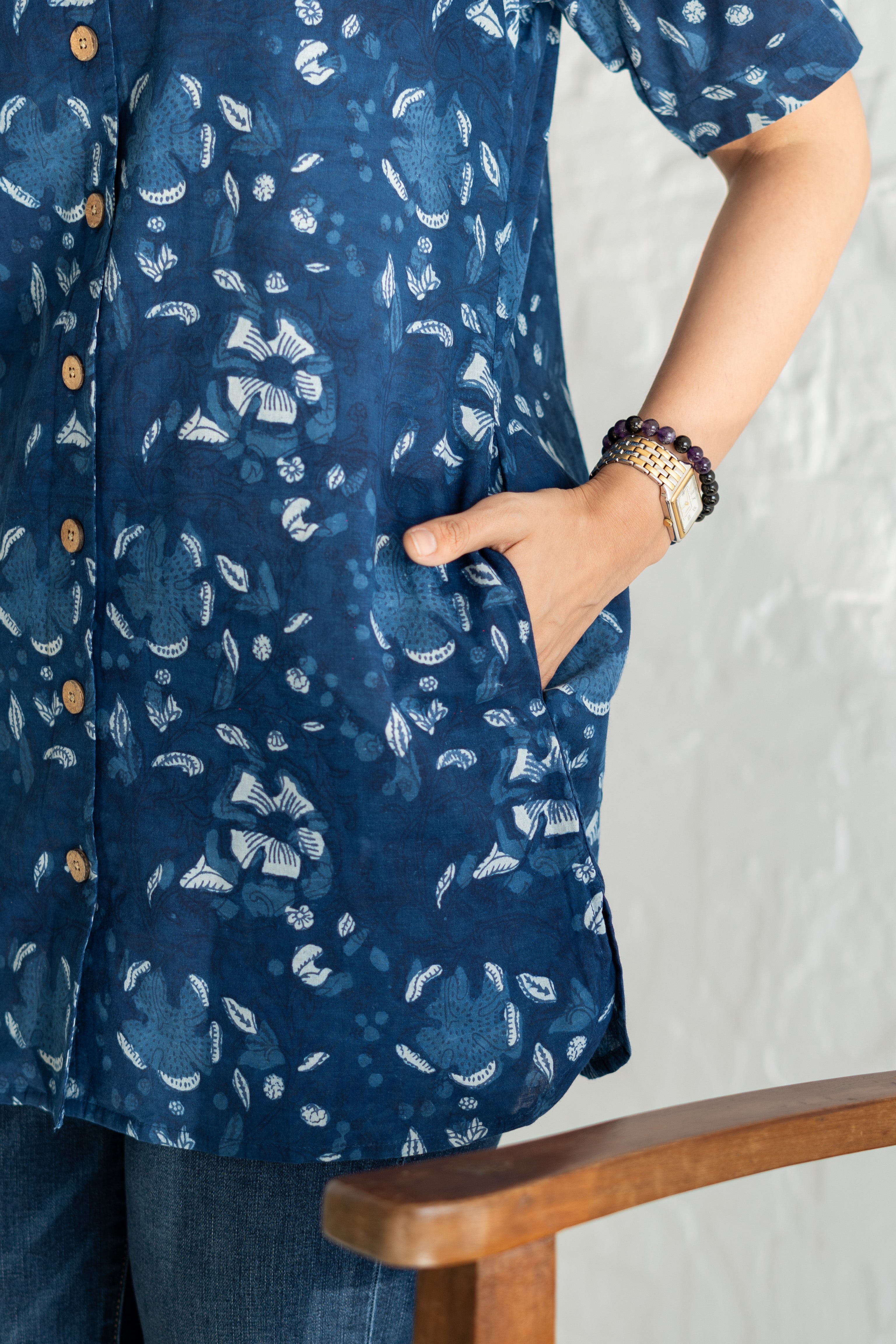 Navy Blue Floral Handblock Cotton Shirt Kurti