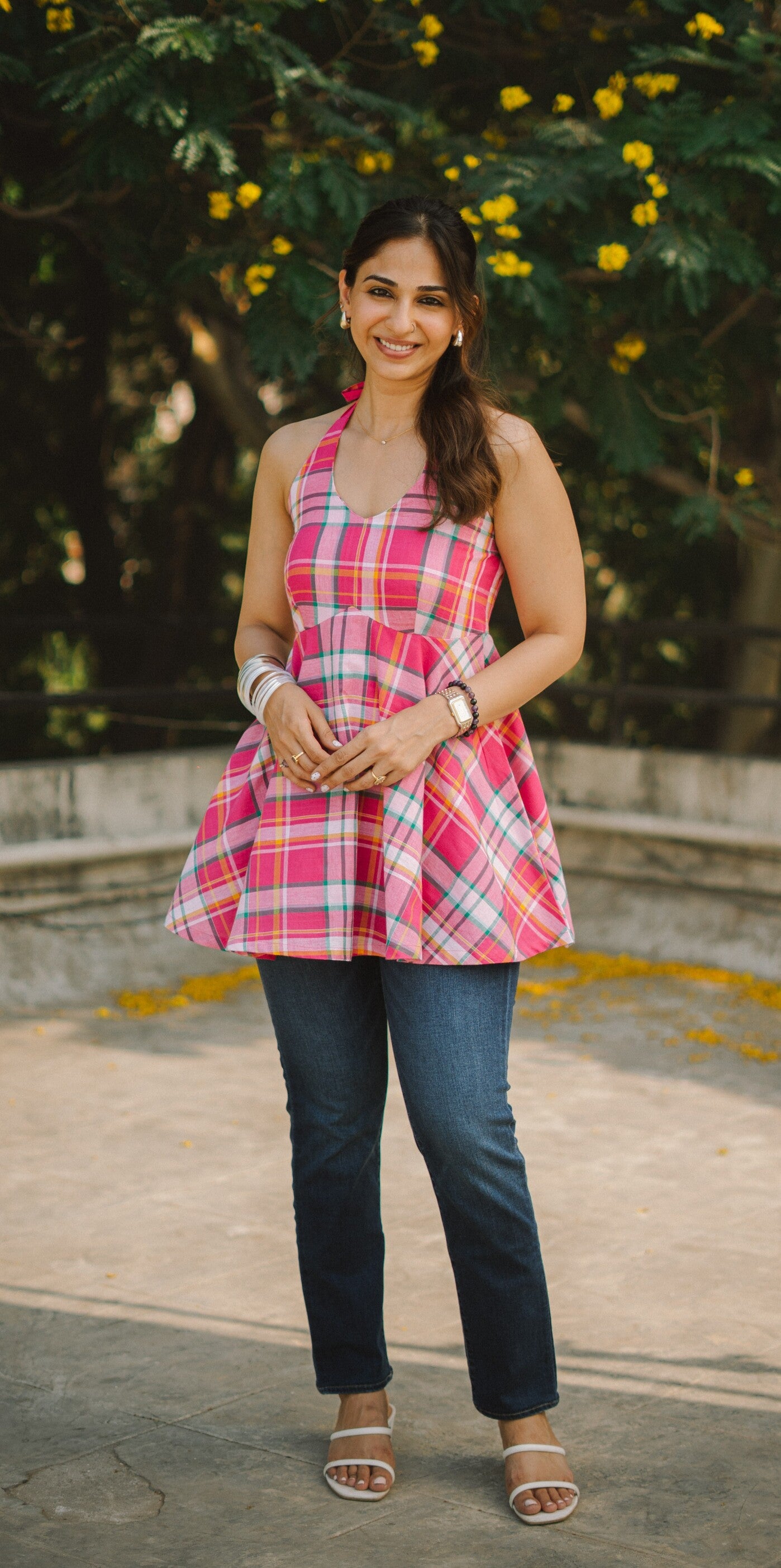Rani Madras Checks Halter Neck Backless Cotton Short Top