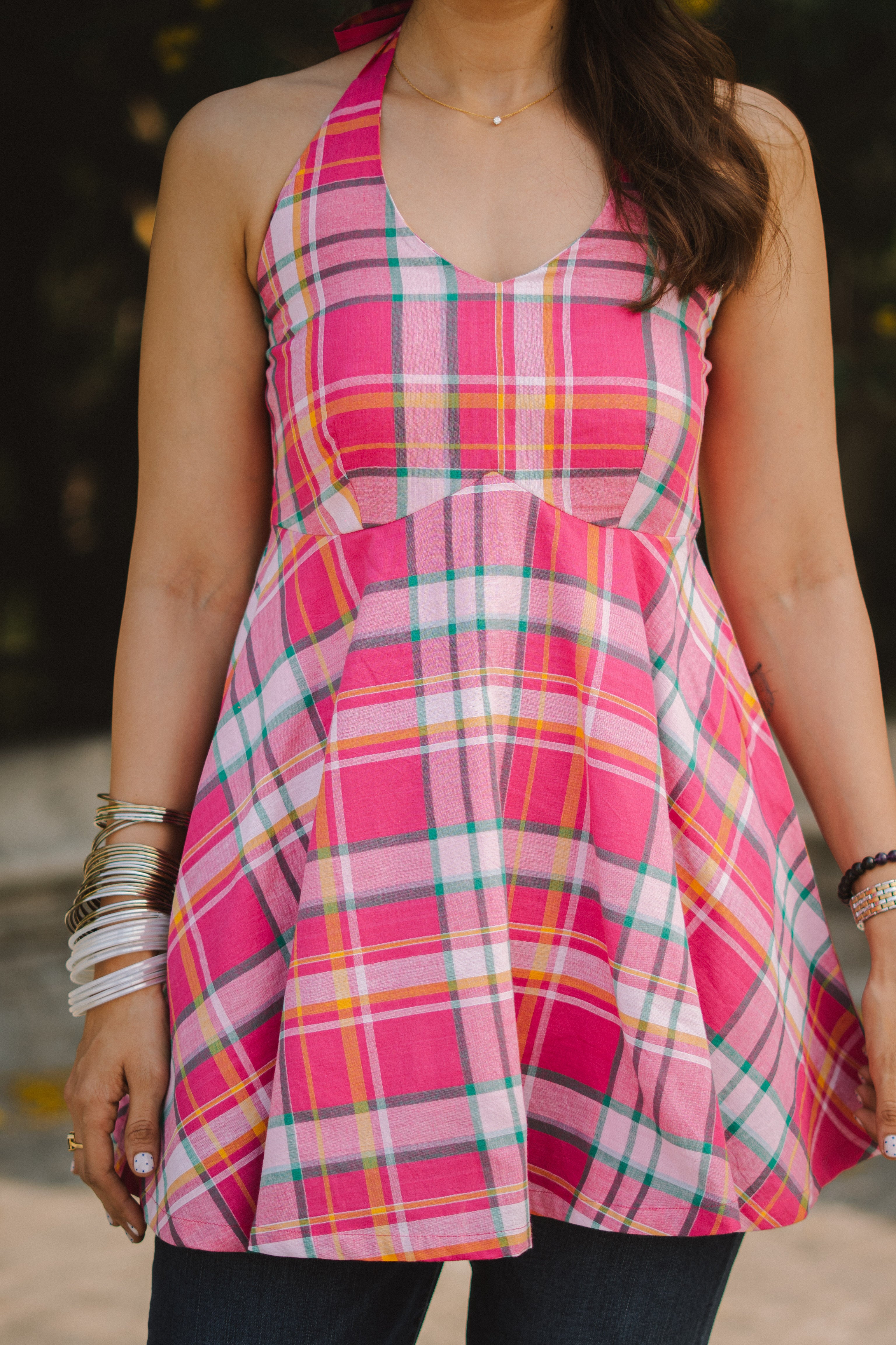 Rani Madras Checks Halter Neck Backless Cotton Short Top