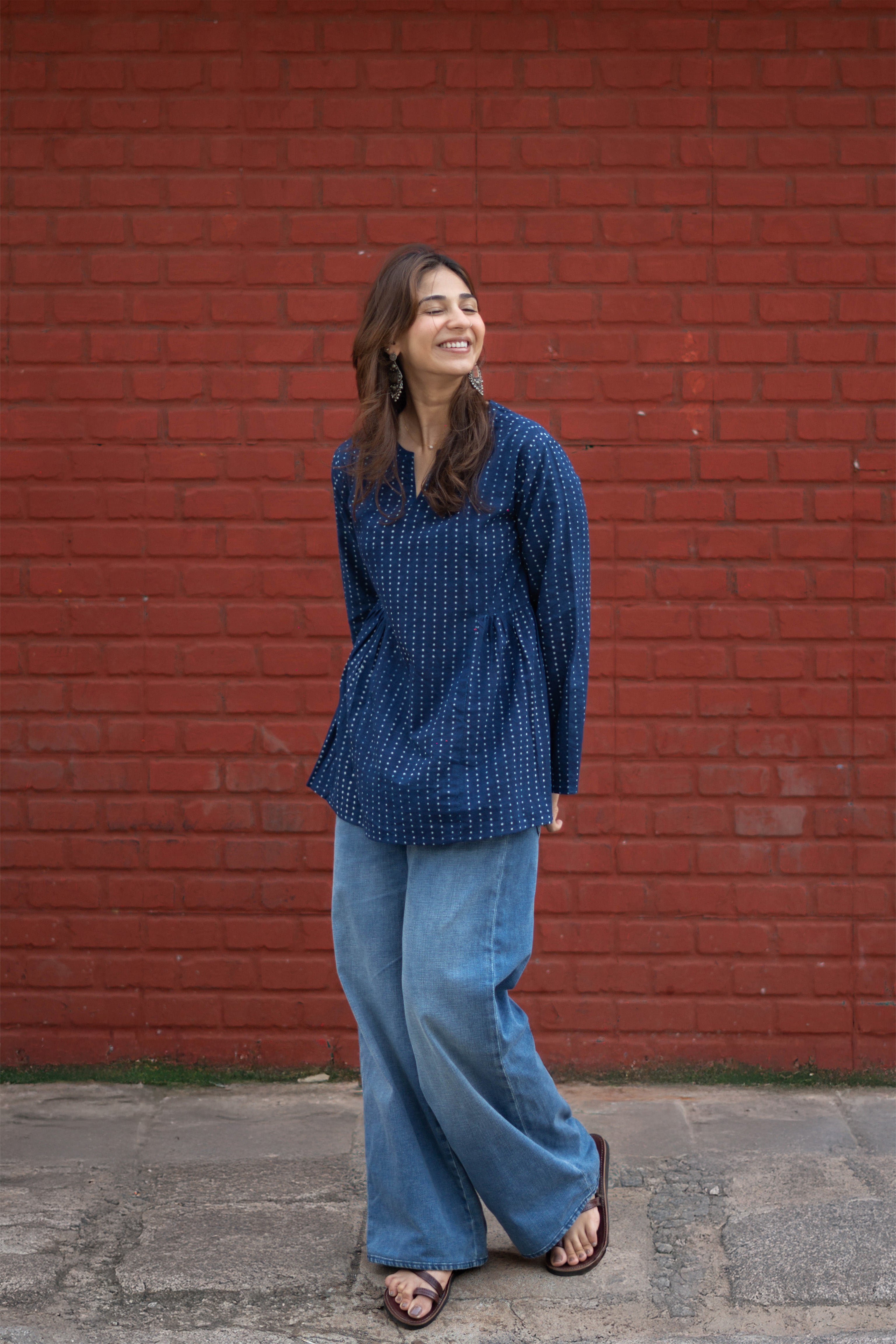 Indigo Night Bell Sleeves Cotton Short Top