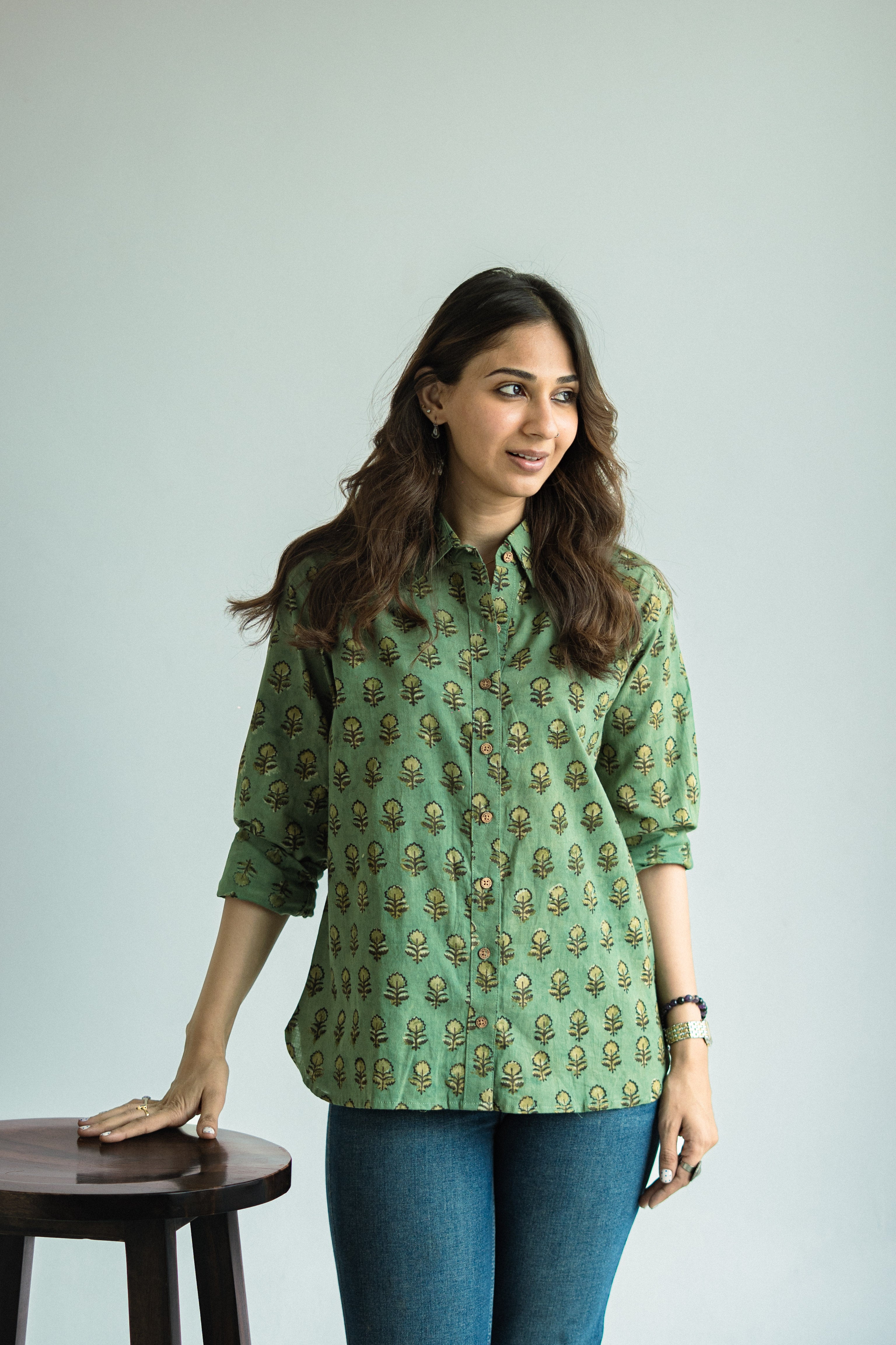 Green Floral Block Print Cotton Shirt