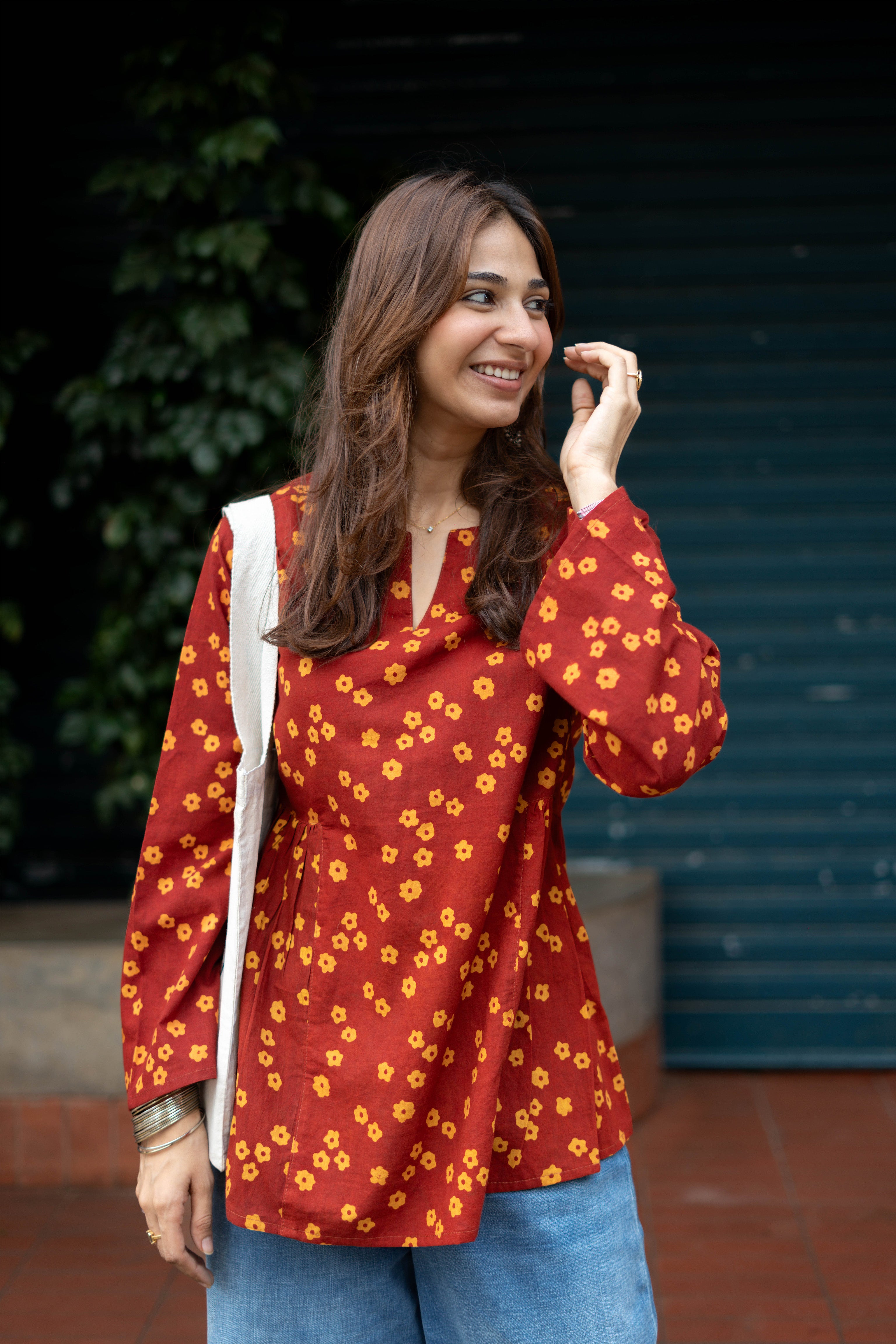 Ajrakh Red Yellow Flower Bell Sleeves Cotton Short Top