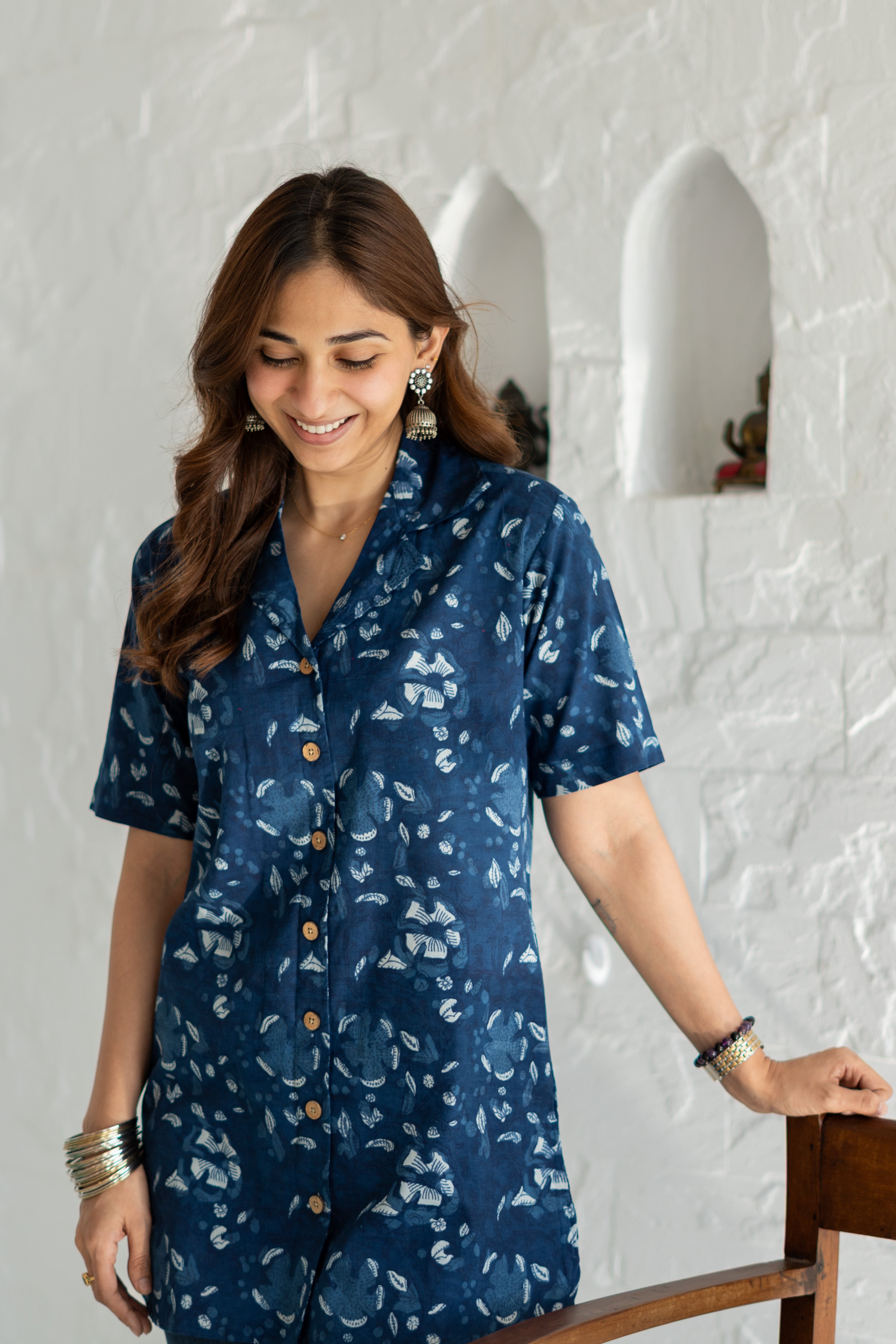 Navy Blue Floral Handblock Cotton Shirt Kurti