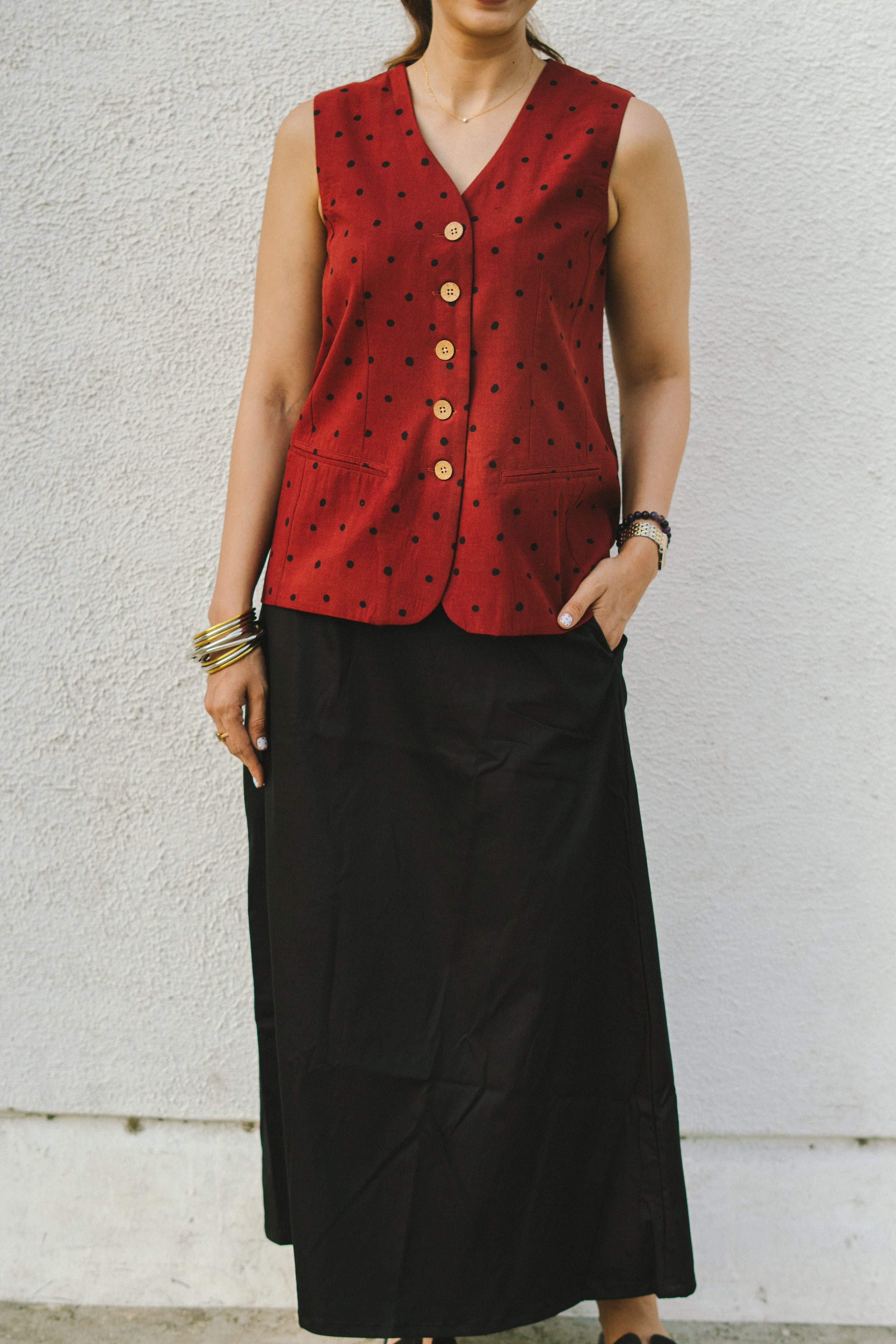 Red Polka Ajrakh Handblock Cotton Waistcoat
