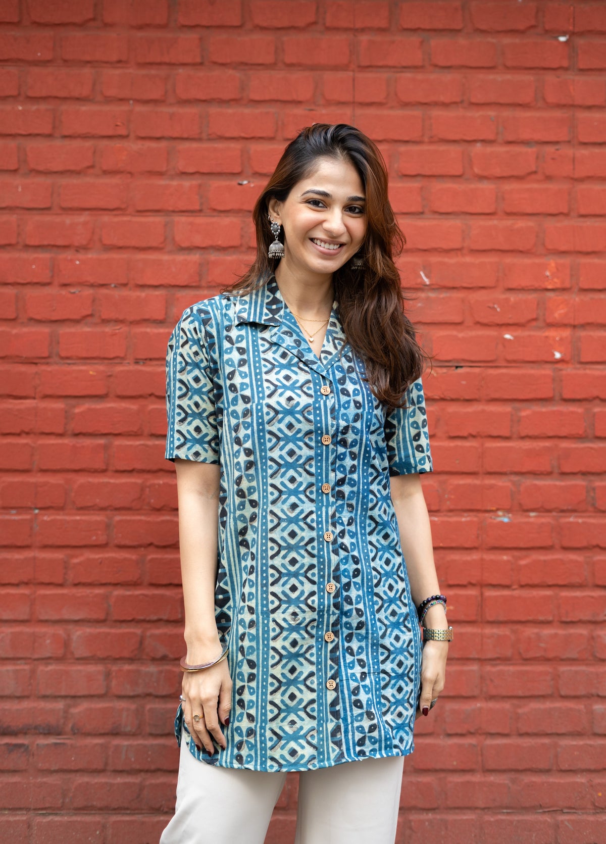 Indigo Patta Stripes Handblock Cotton Shirt Kurti