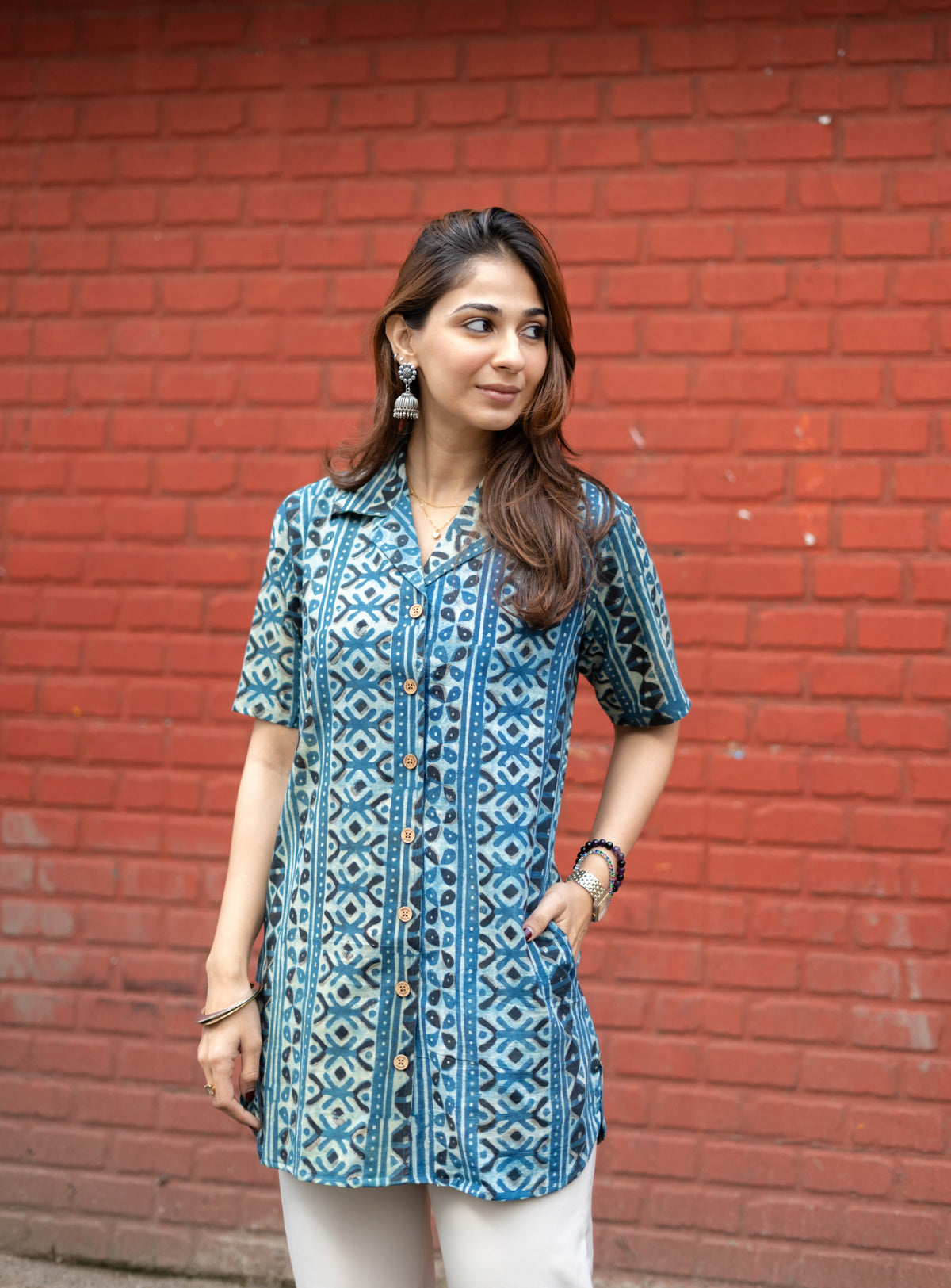 Indigo Patta Stripes Handblock Cotton Shirt Kurti