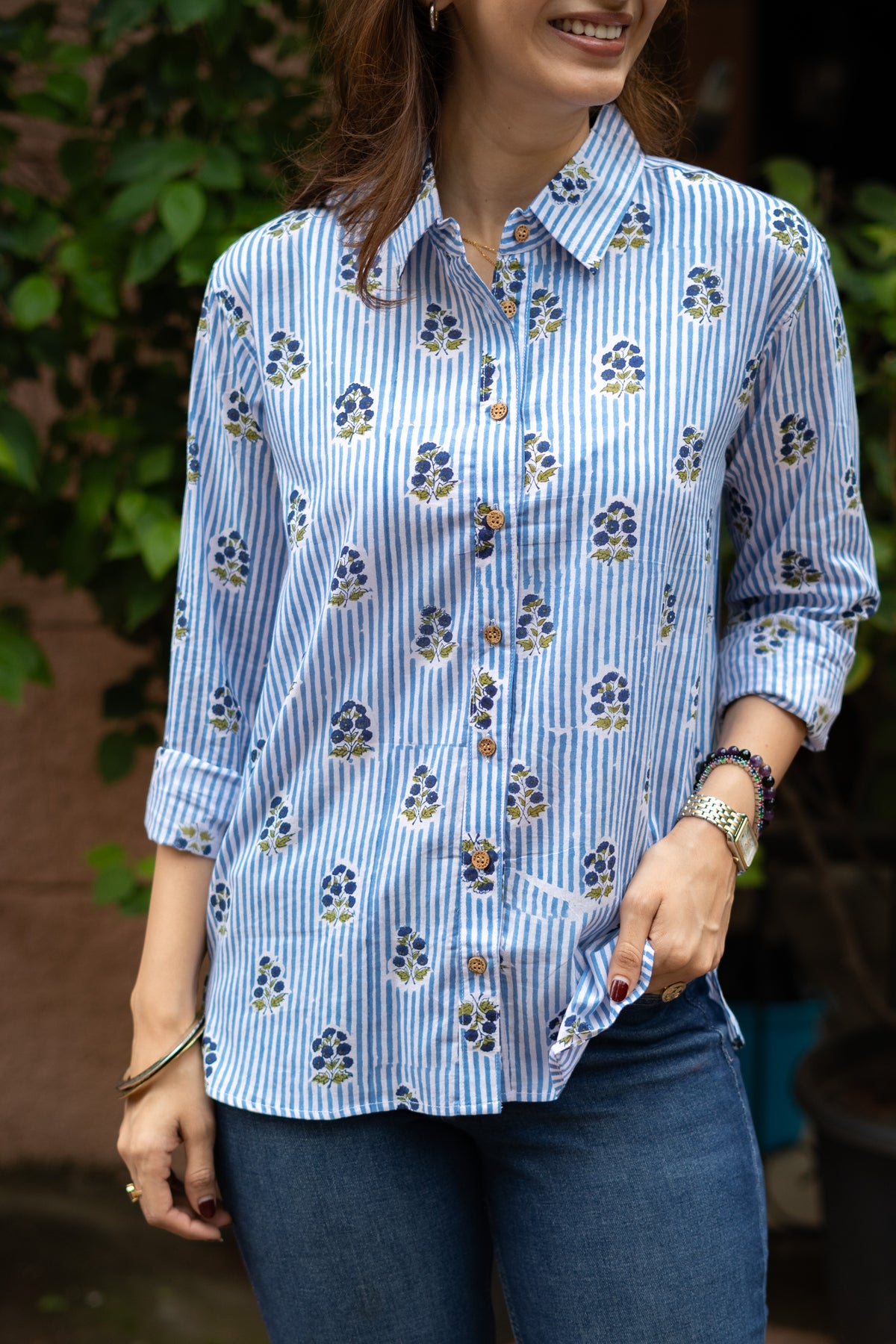 Blue Sanganer Floral Stripe Handblock Cotton Shirt