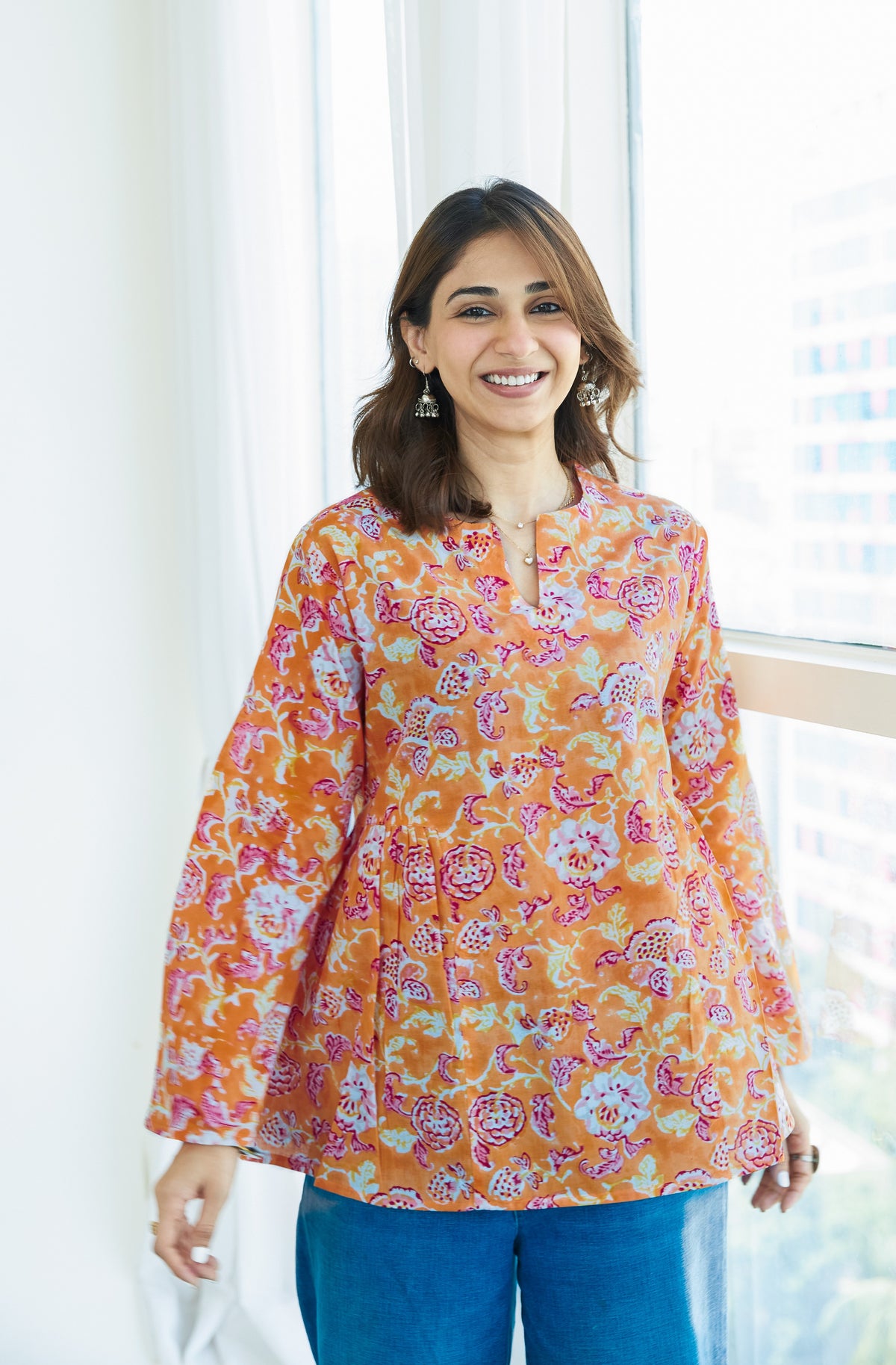 Marigold Bagru Bell Sleeves Cotton Short Top