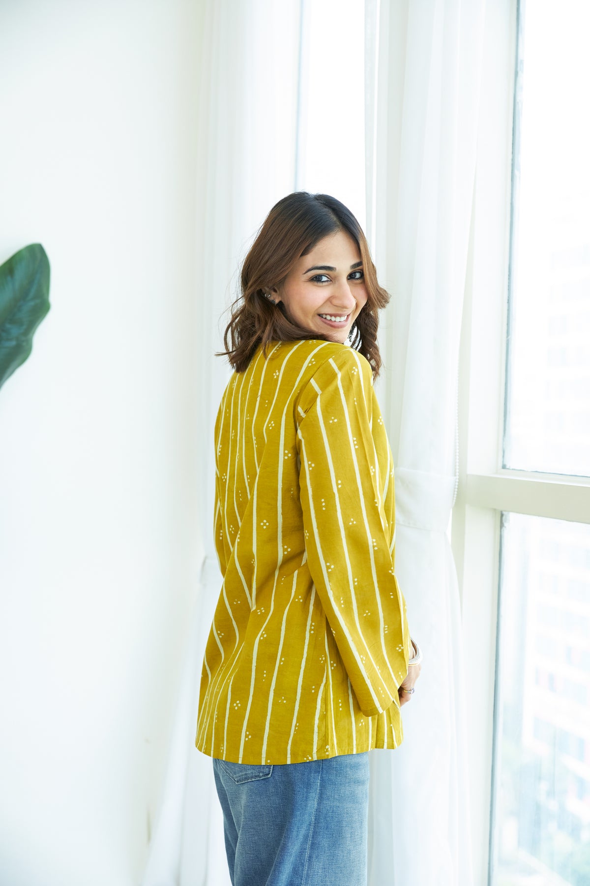 Yellow Bagru Stripe Bell Sleeves Cotton Short Top