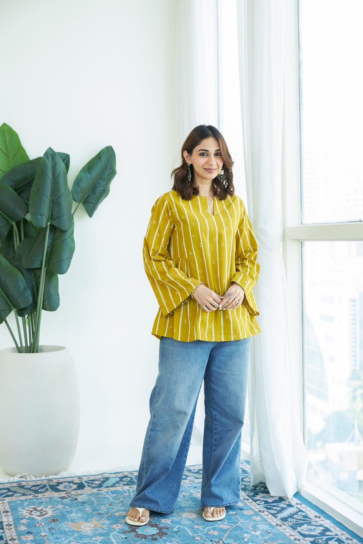 Yellow Bagru Stripe Bell Sleeves Cotton Short Top