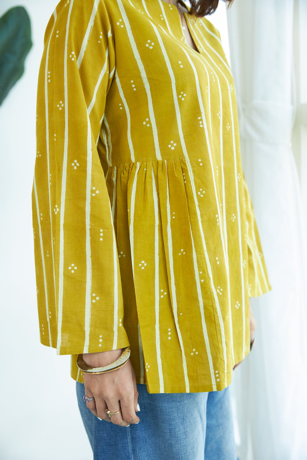Yellow Bagru Stripe Bell Sleeves Cotton Short Top
