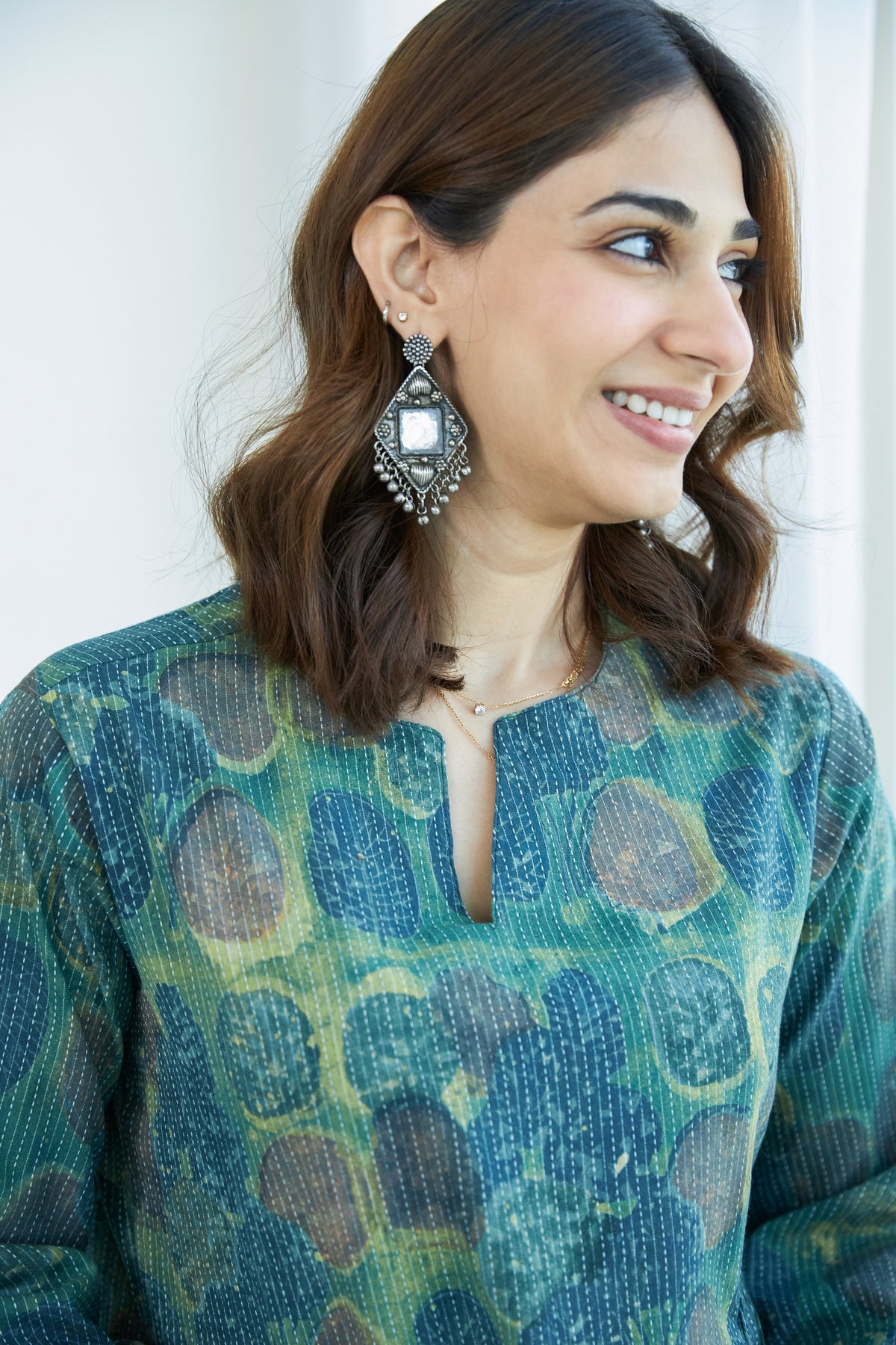 Emerald Bagru Bell Sleeves Katha Cotton Short Top