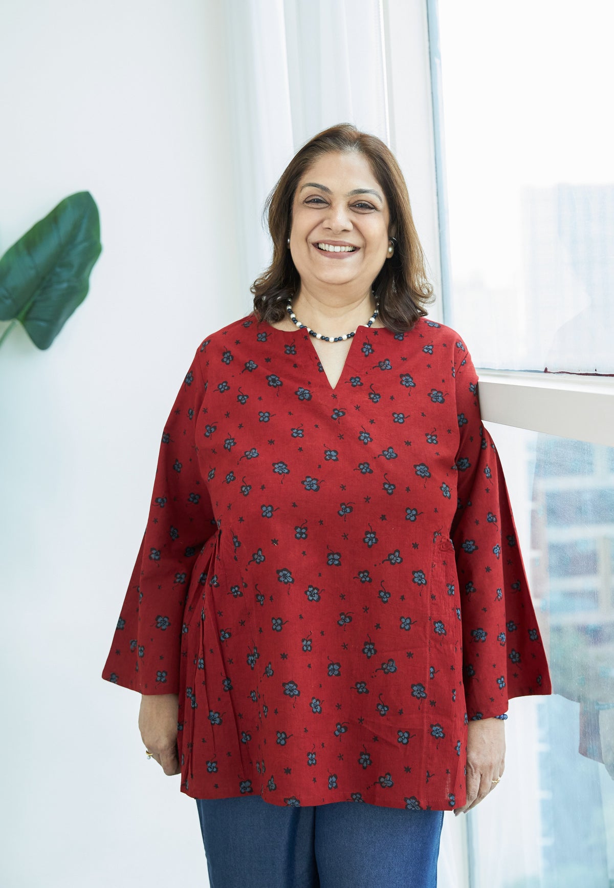 Ajrakh Phool Buti Bell Sleeves Cotton Short Top