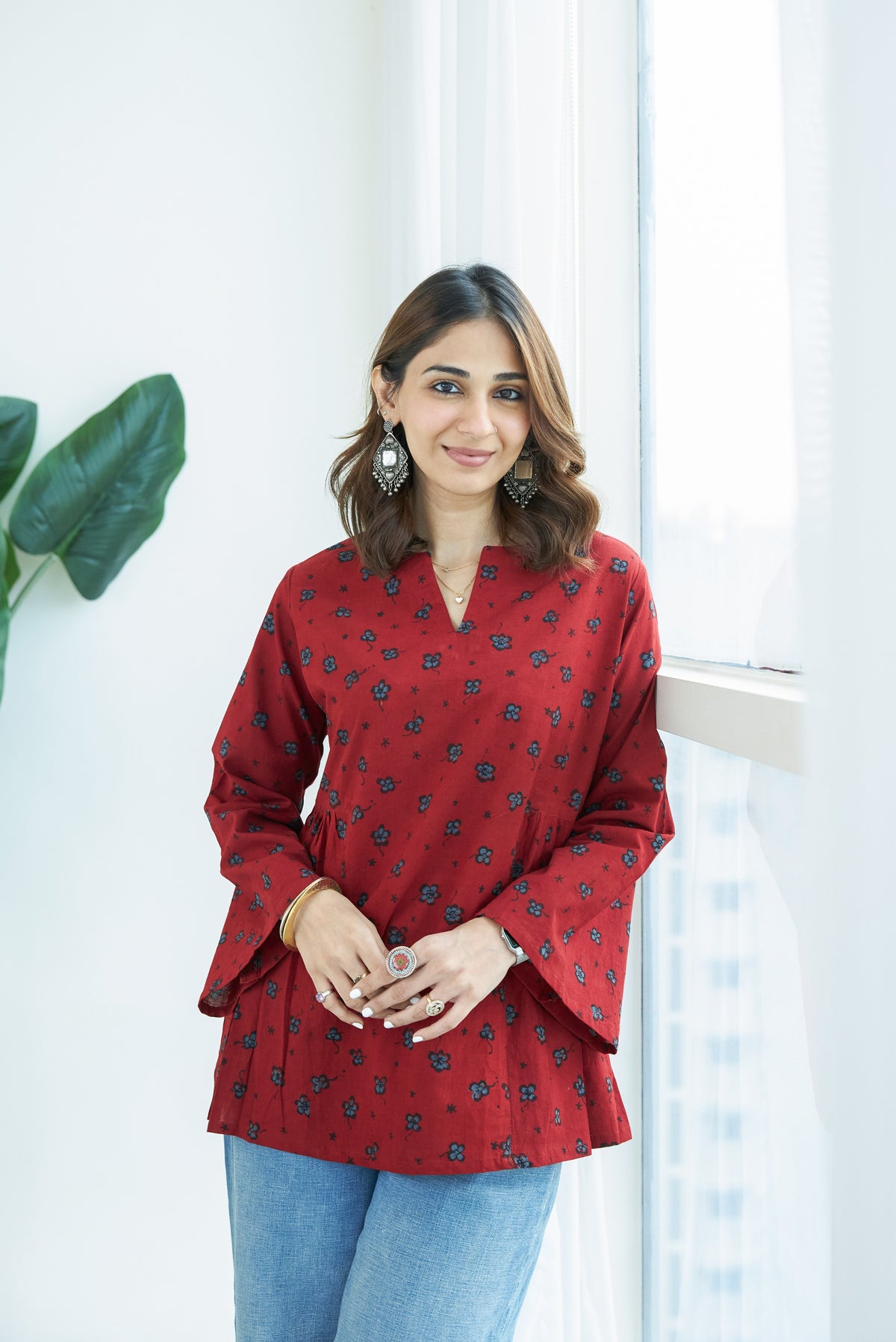 Ajrakh Phool Buti Bell Sleeves Cotton Short Top
