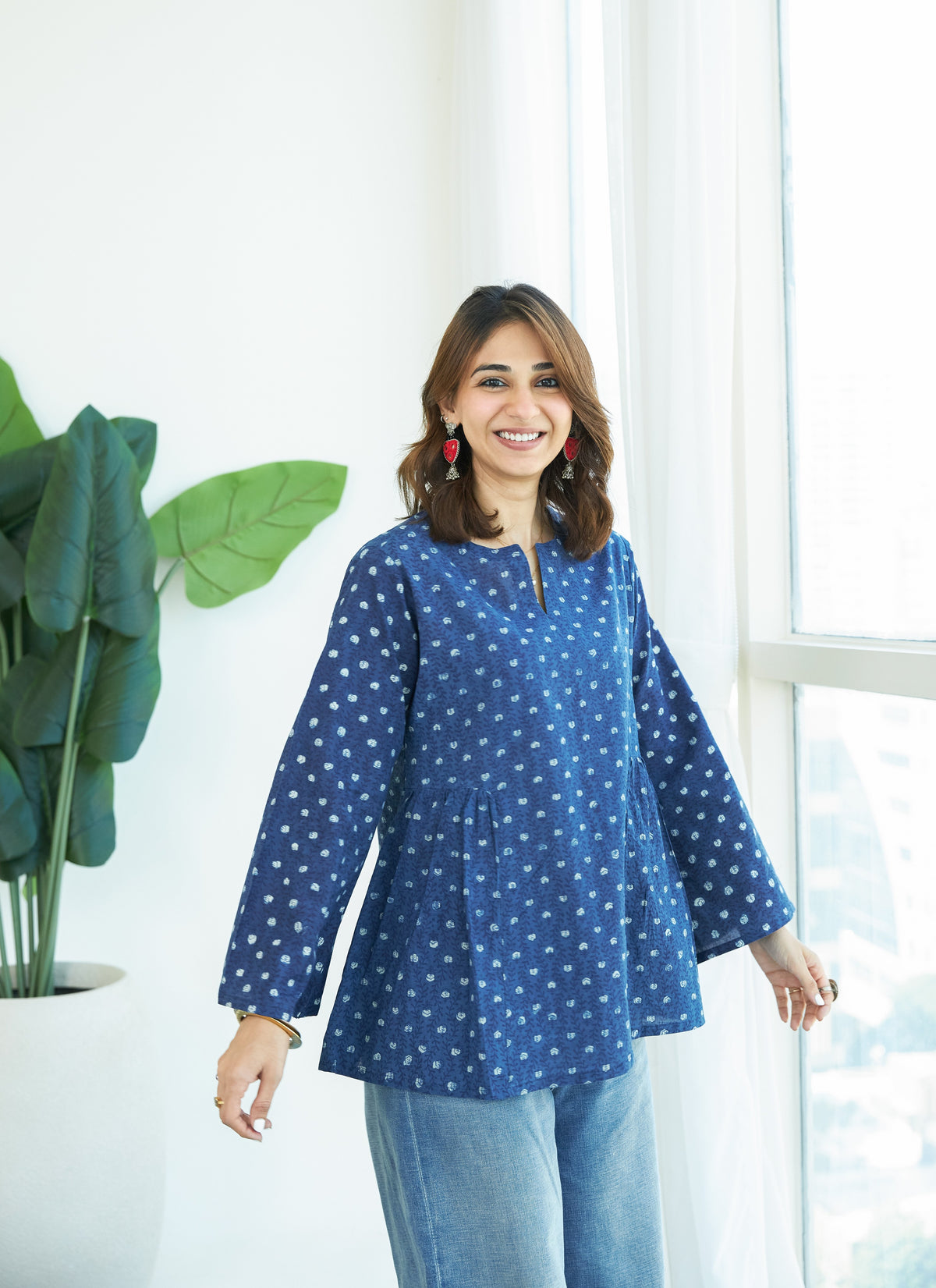 Navy Blue Bagru Bell Sleeves Cotton Short Top