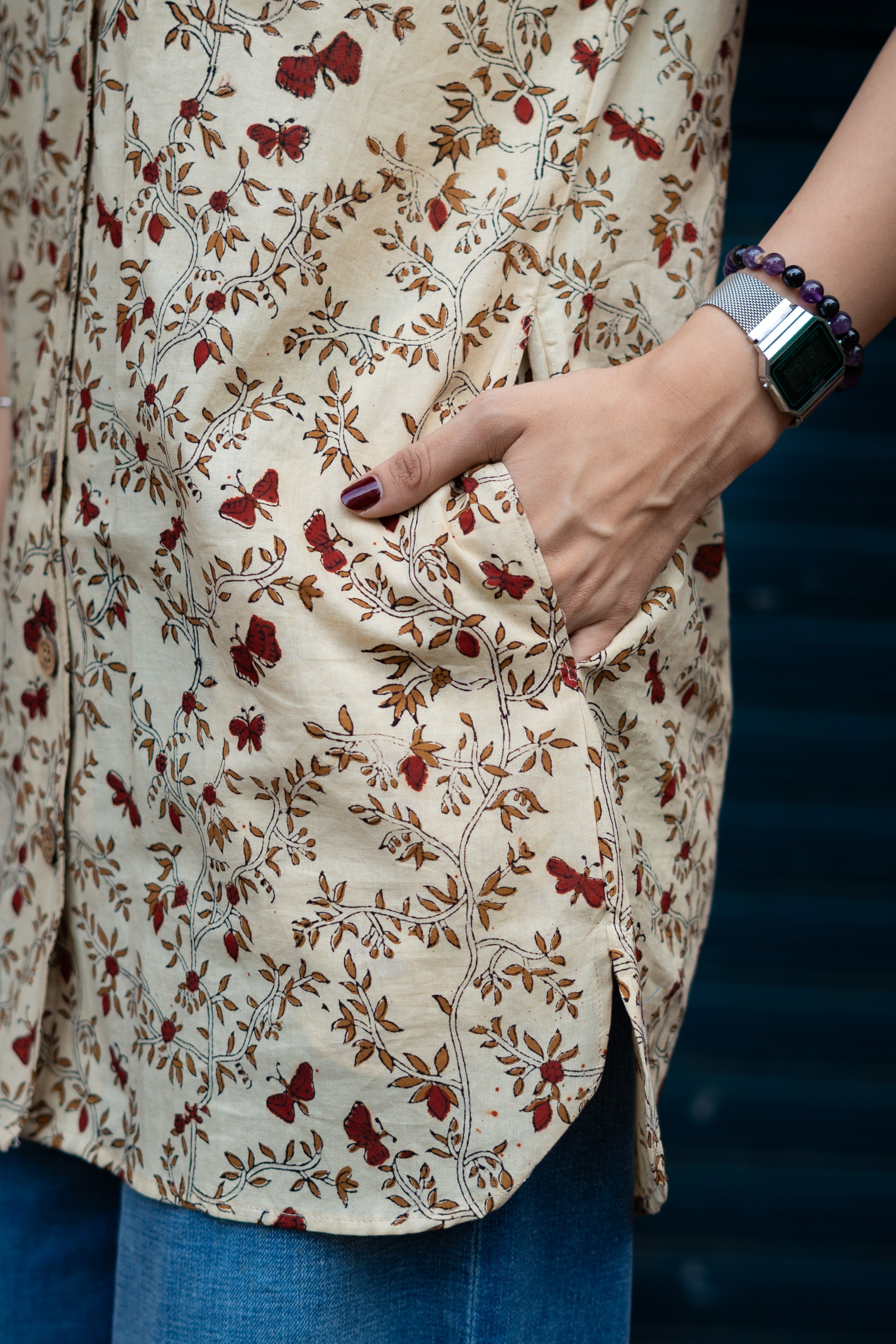 Beige Floral Kalamkari Handblock Cotton Shirt Kurti
