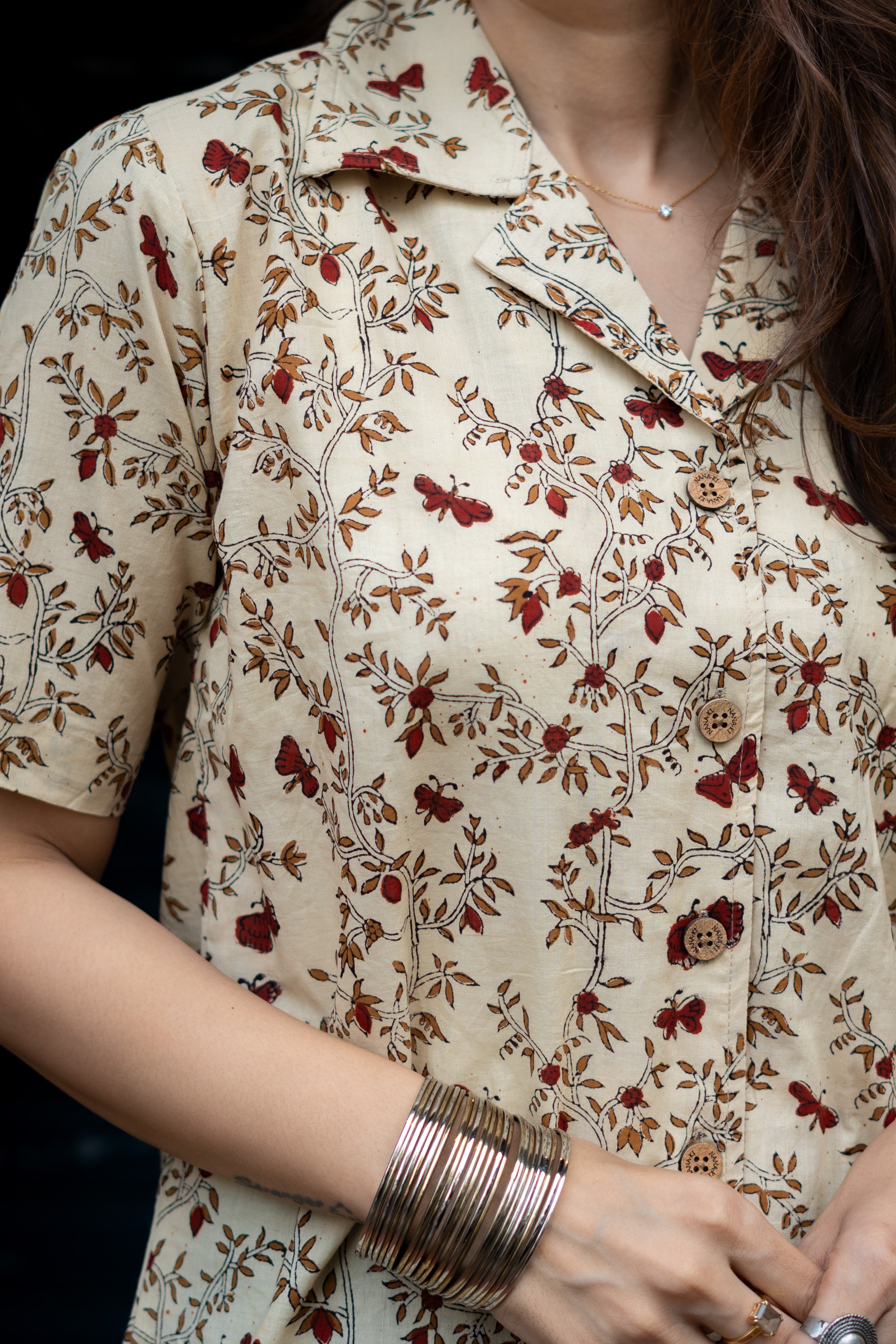 Beige Floral Kalamkari Handblock Cotton Shirt Kurti