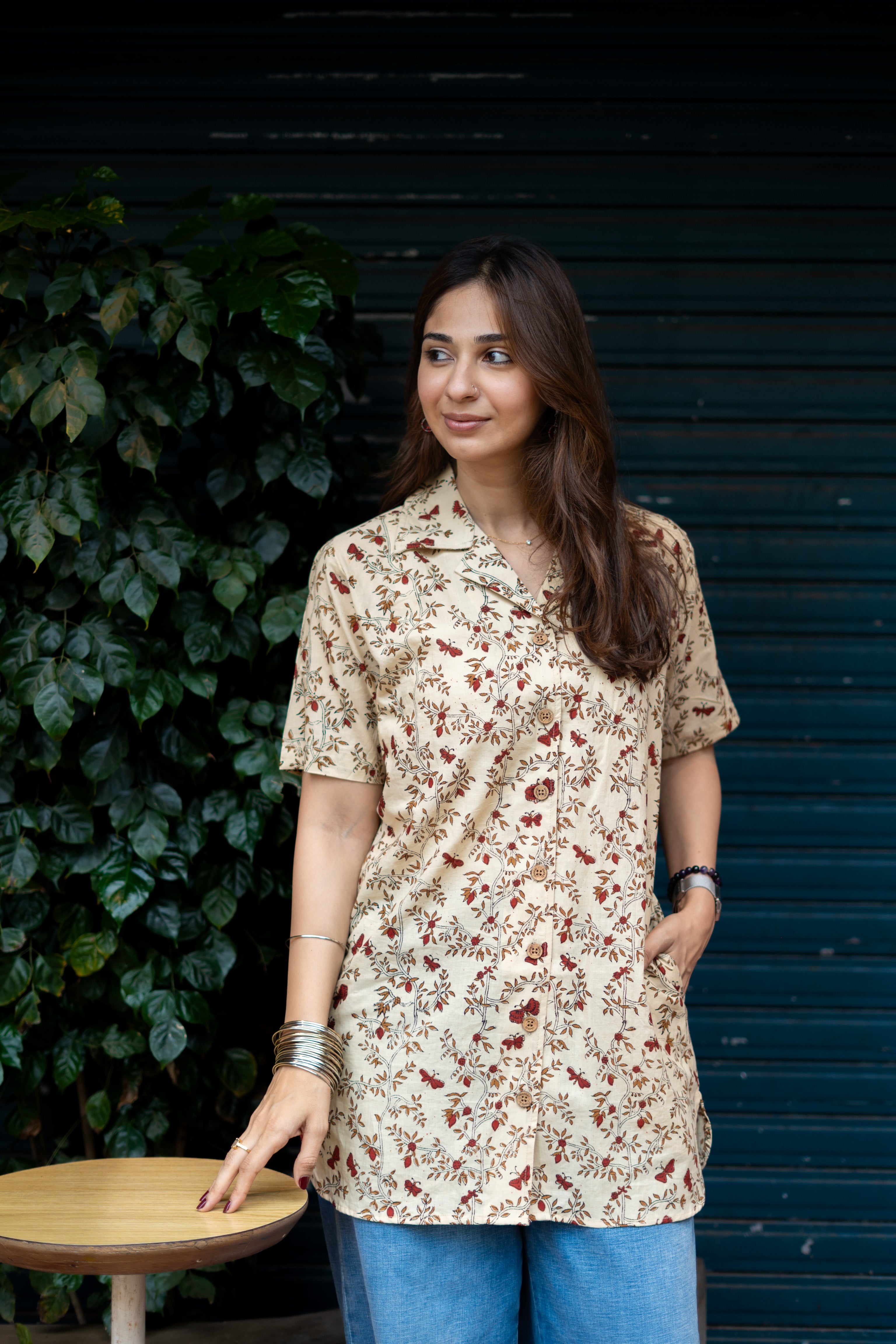 Beige Floral Kalamkari Handblock Cotton Shirt Kurti