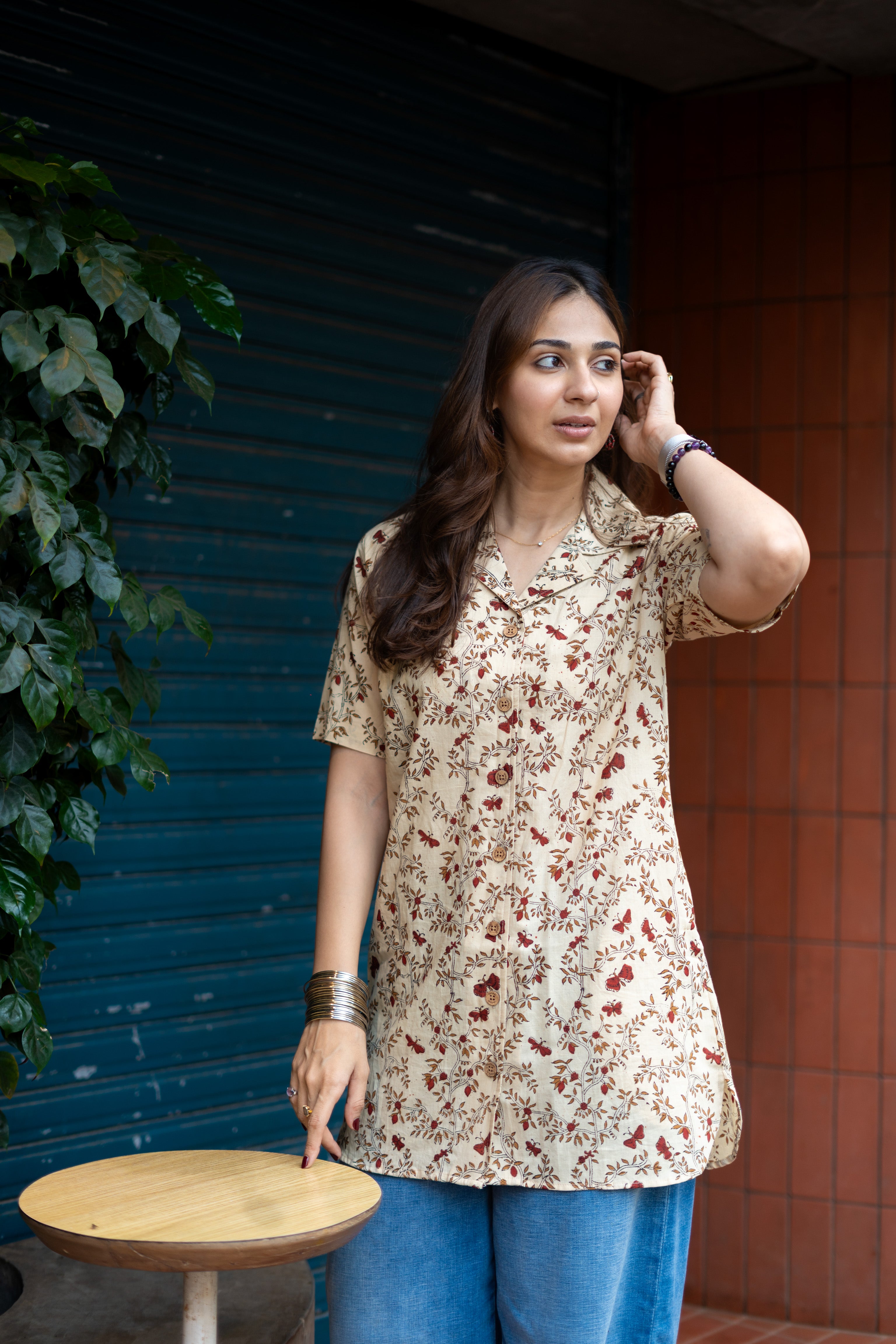 Beige Floral Kalamkari Handblock Cotton Shirt Kurti
