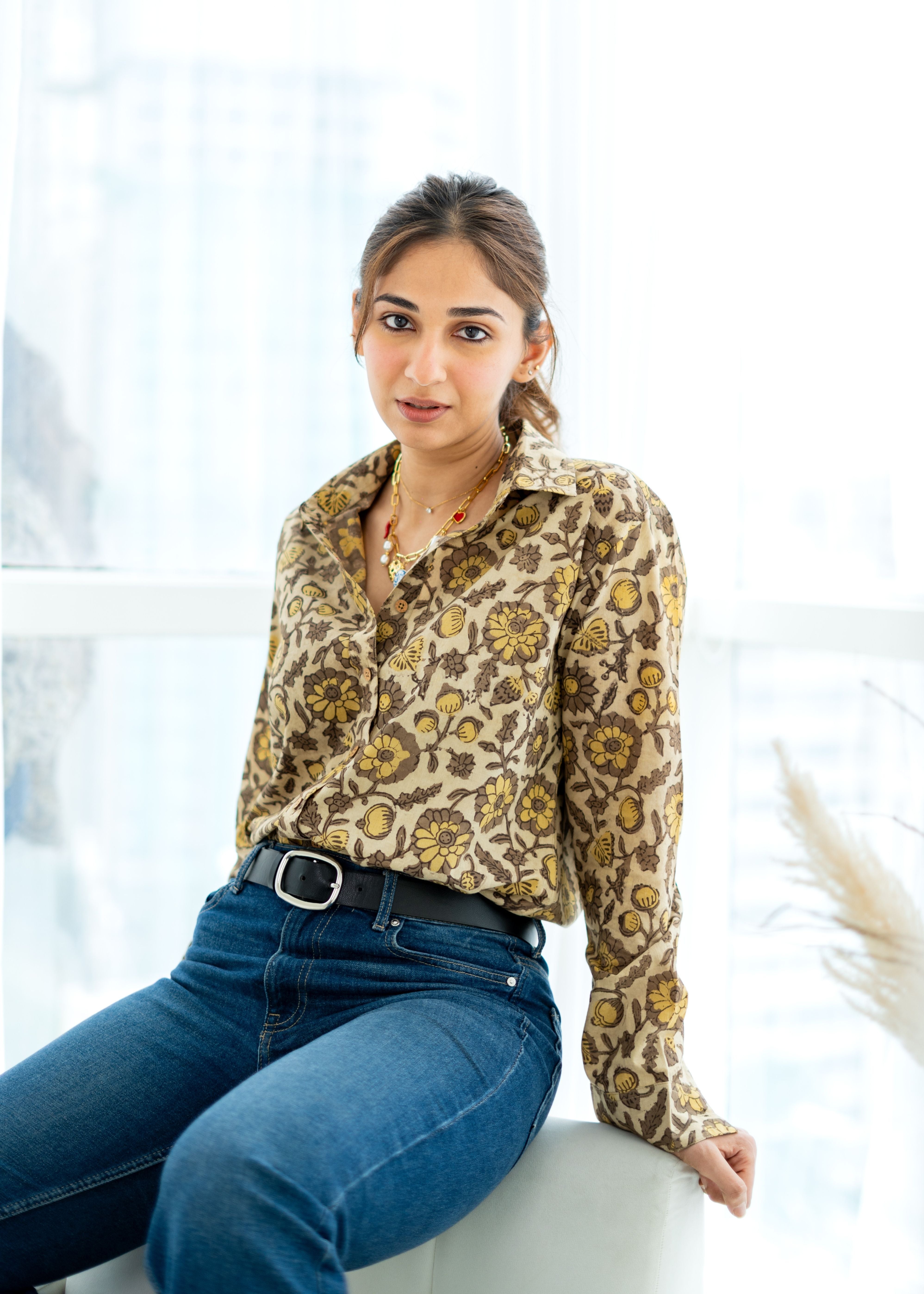 Mustard bagru floral Handblock Cotton Shirt
