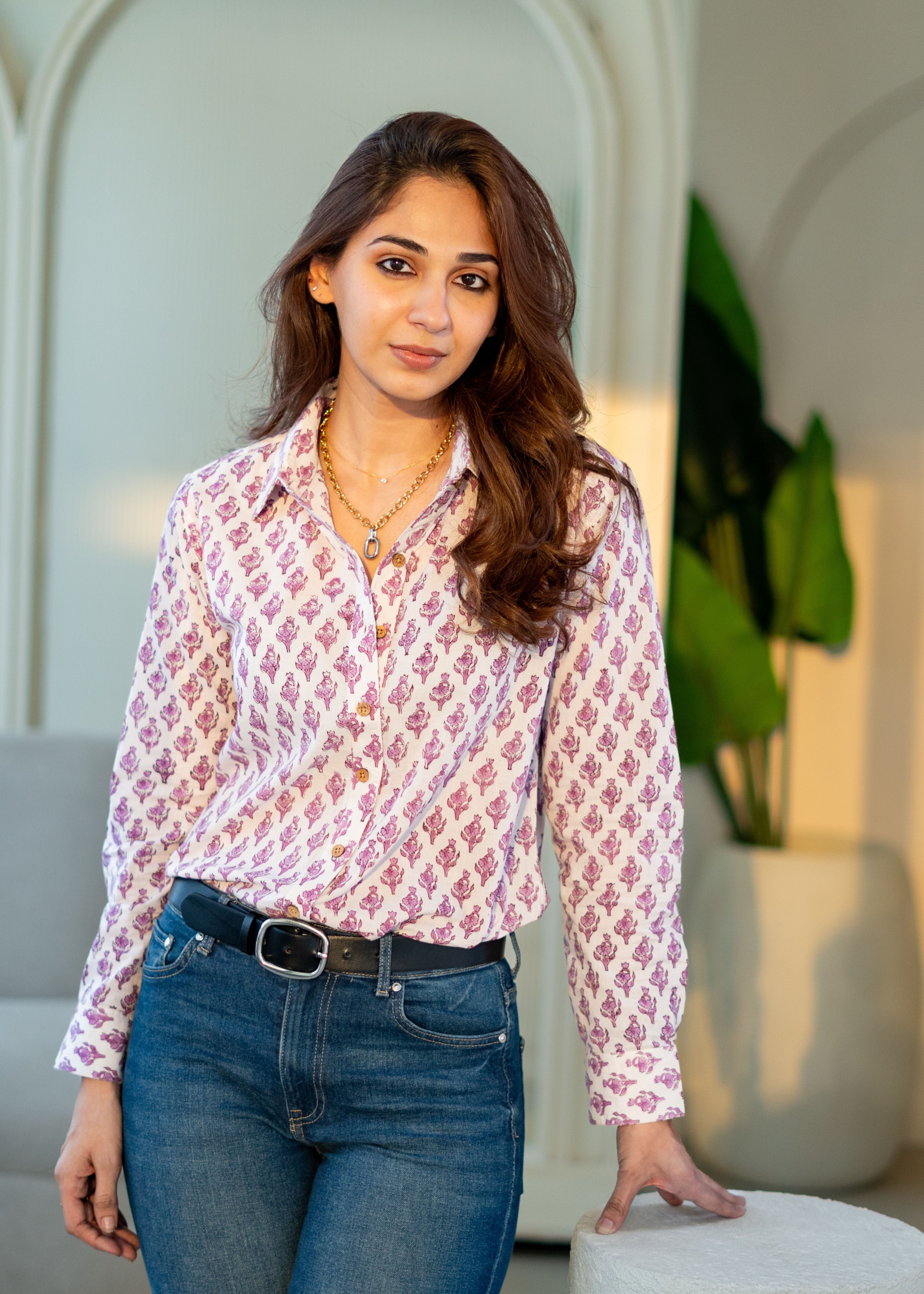 Purple Floral Block Print Cotton Shirt