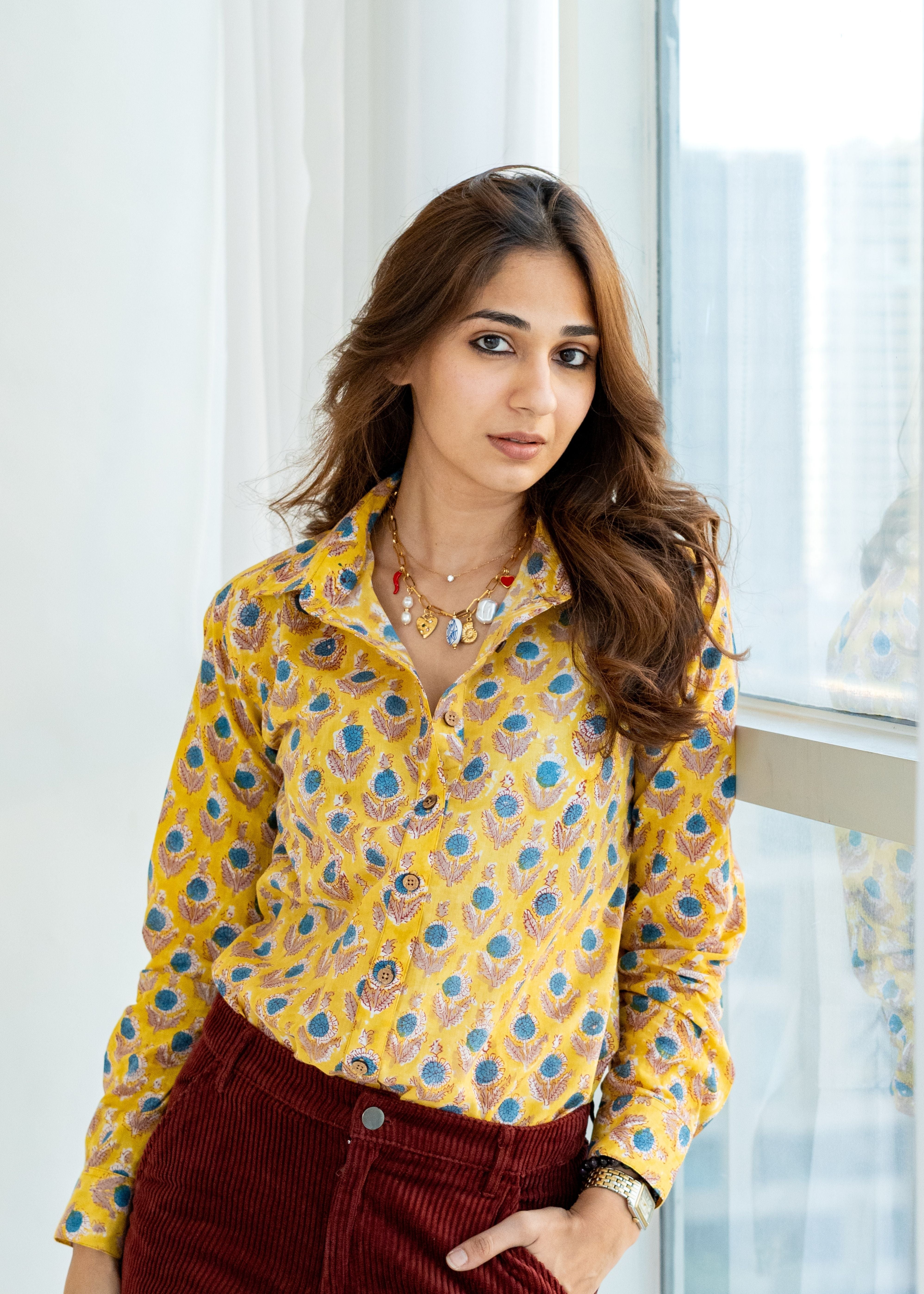 Yellow Sunshine Floral Handblock Cotton Shirt