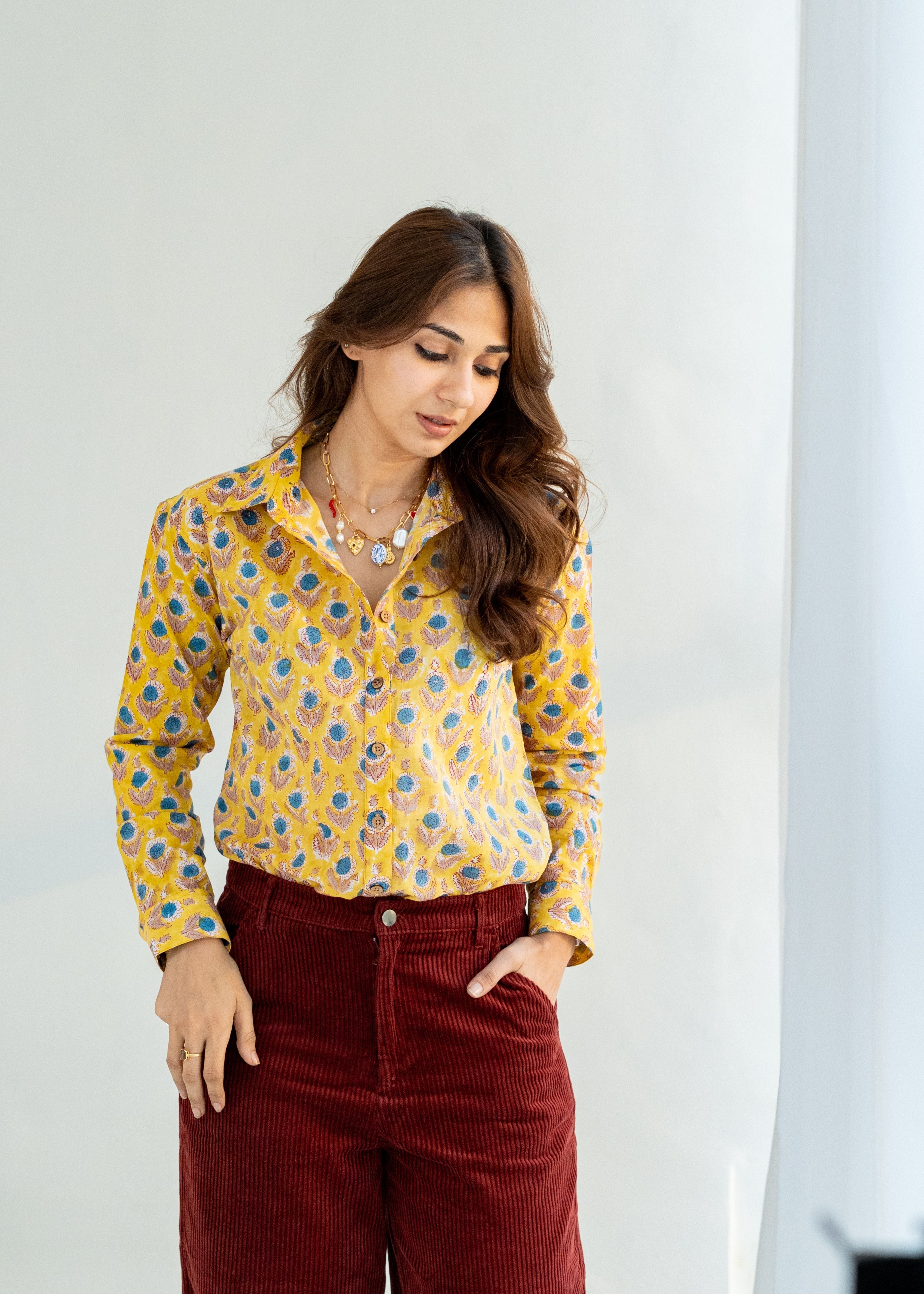 Yellow Sunshine Floral Handblock Cotton Shirt