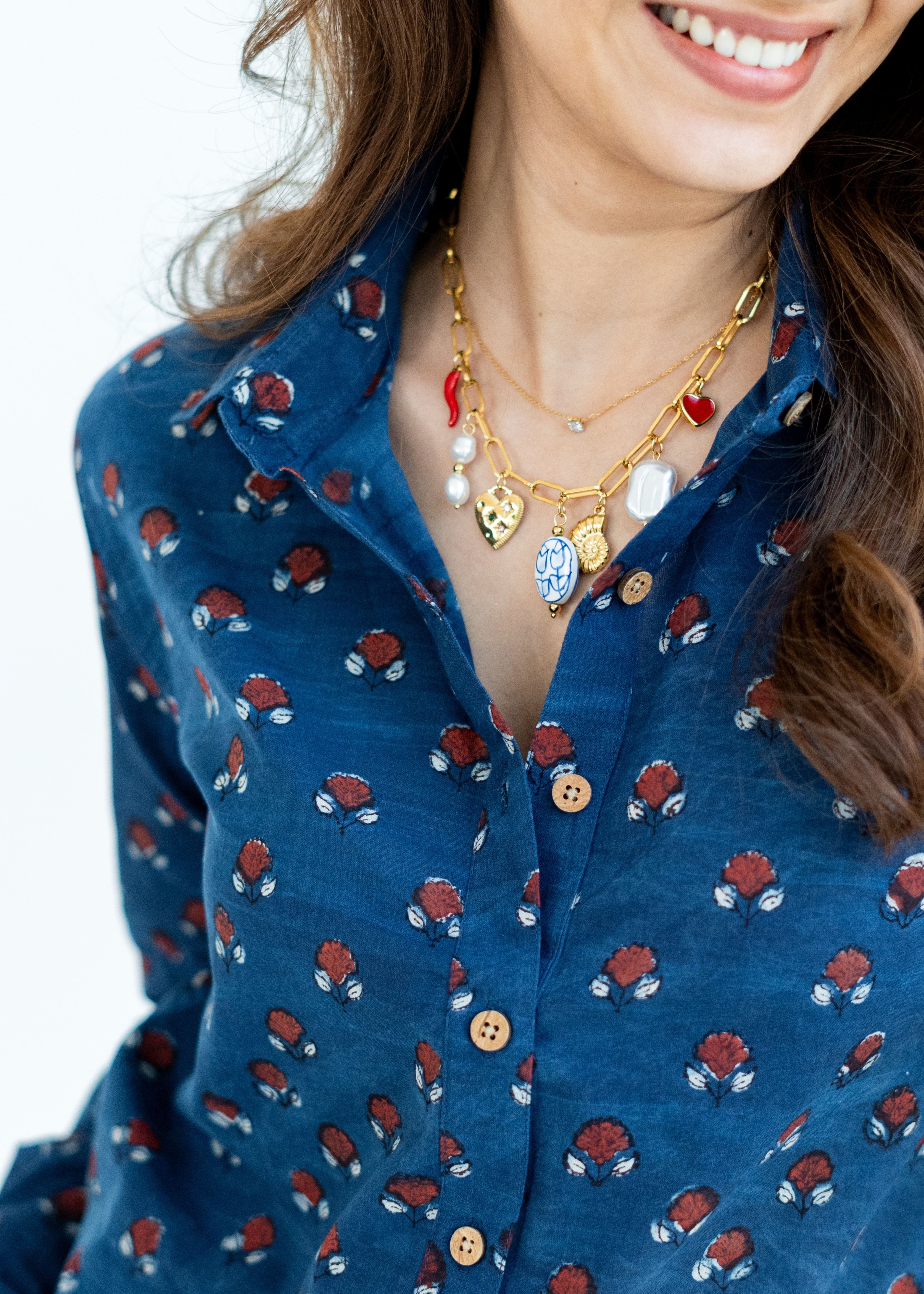 Indigo Red Floral Handblock Cotton Shirt