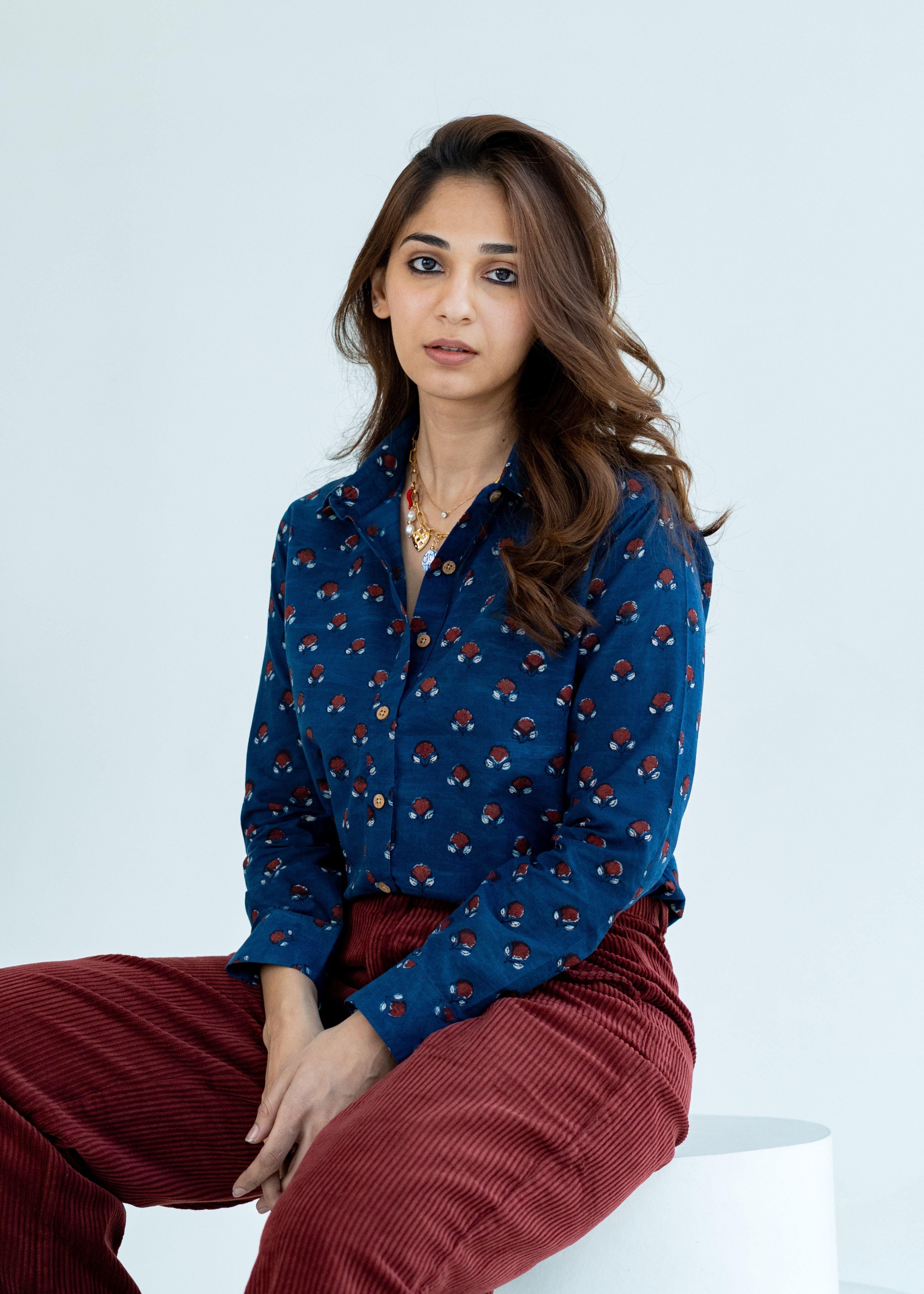 Indigo Red Floral Handblock Cotton Shirt