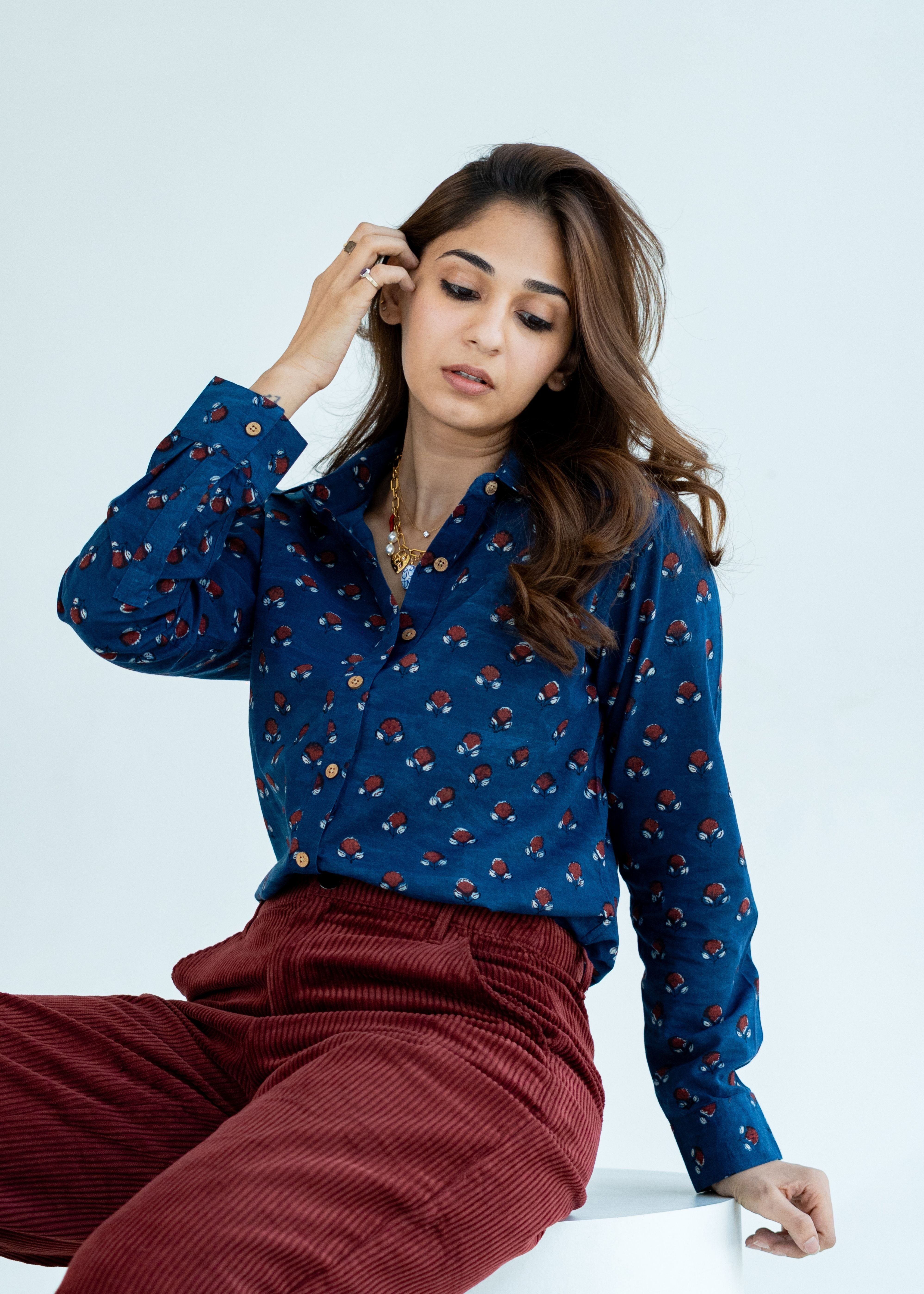 Indigo Red Floral Handblock Cotton Shirt