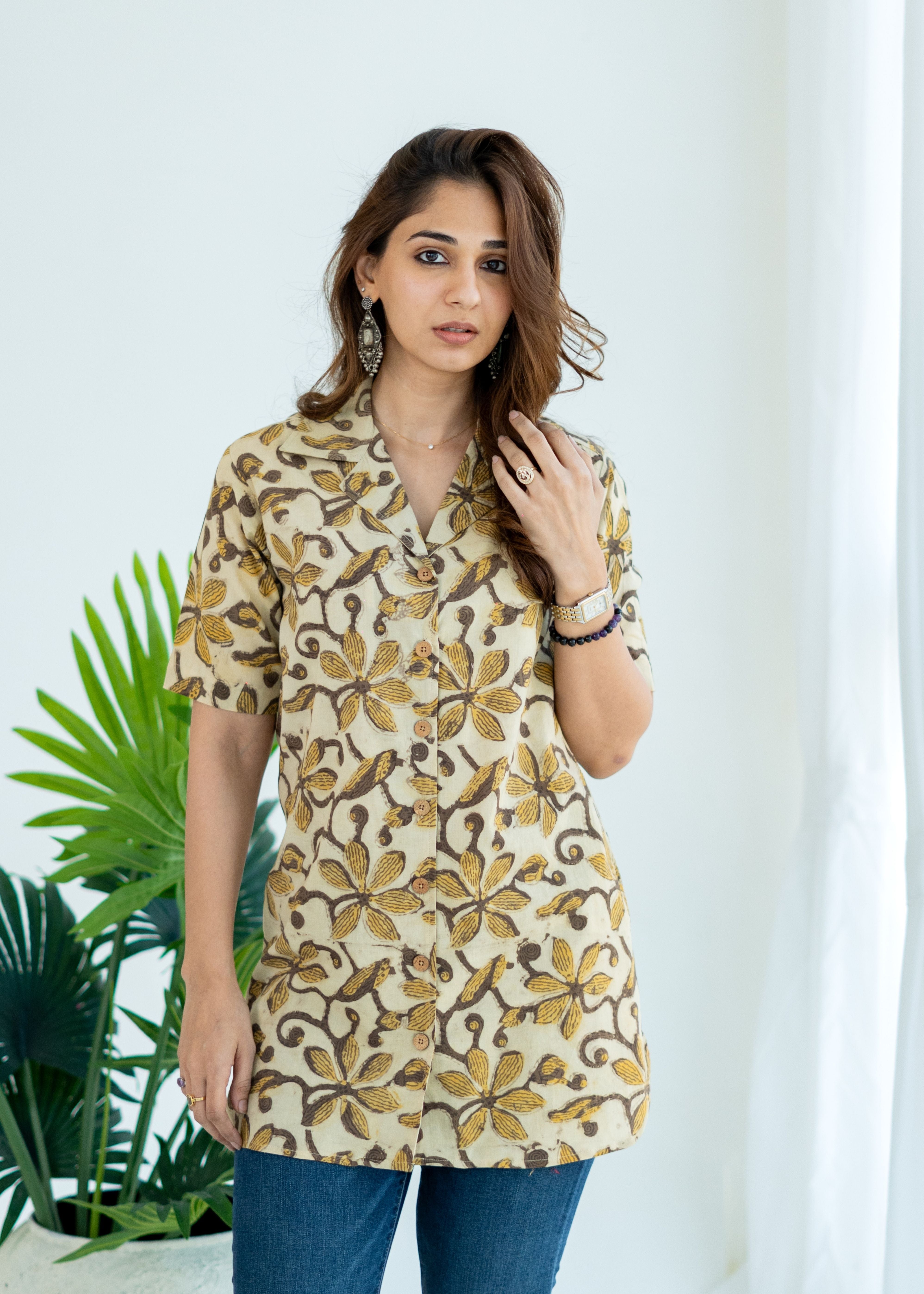 Mustard Bagru Floral Handblock Cotton Shirt Kurti