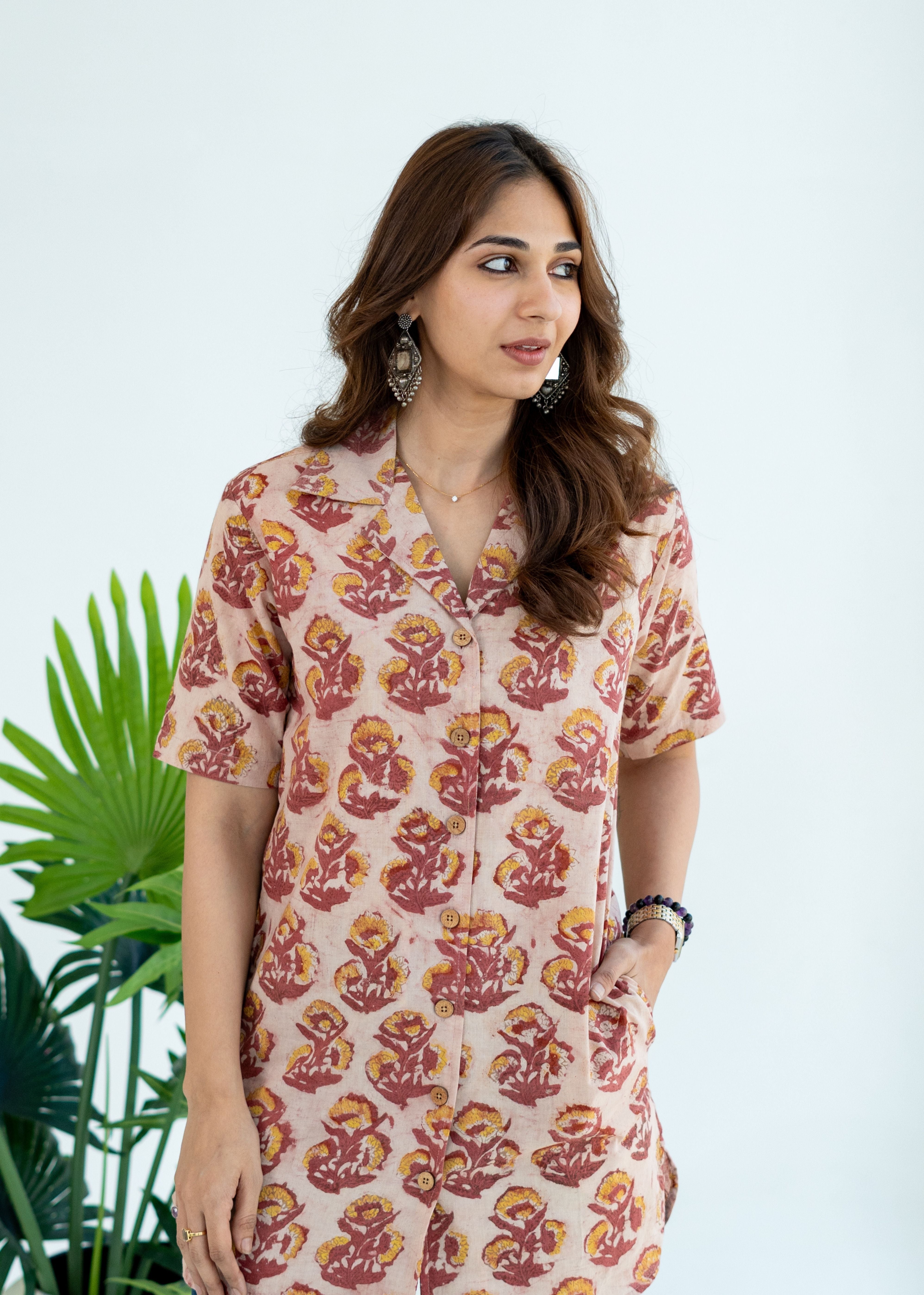 Maroon Bagru Floral Handblock Cotton Shirt Kurti