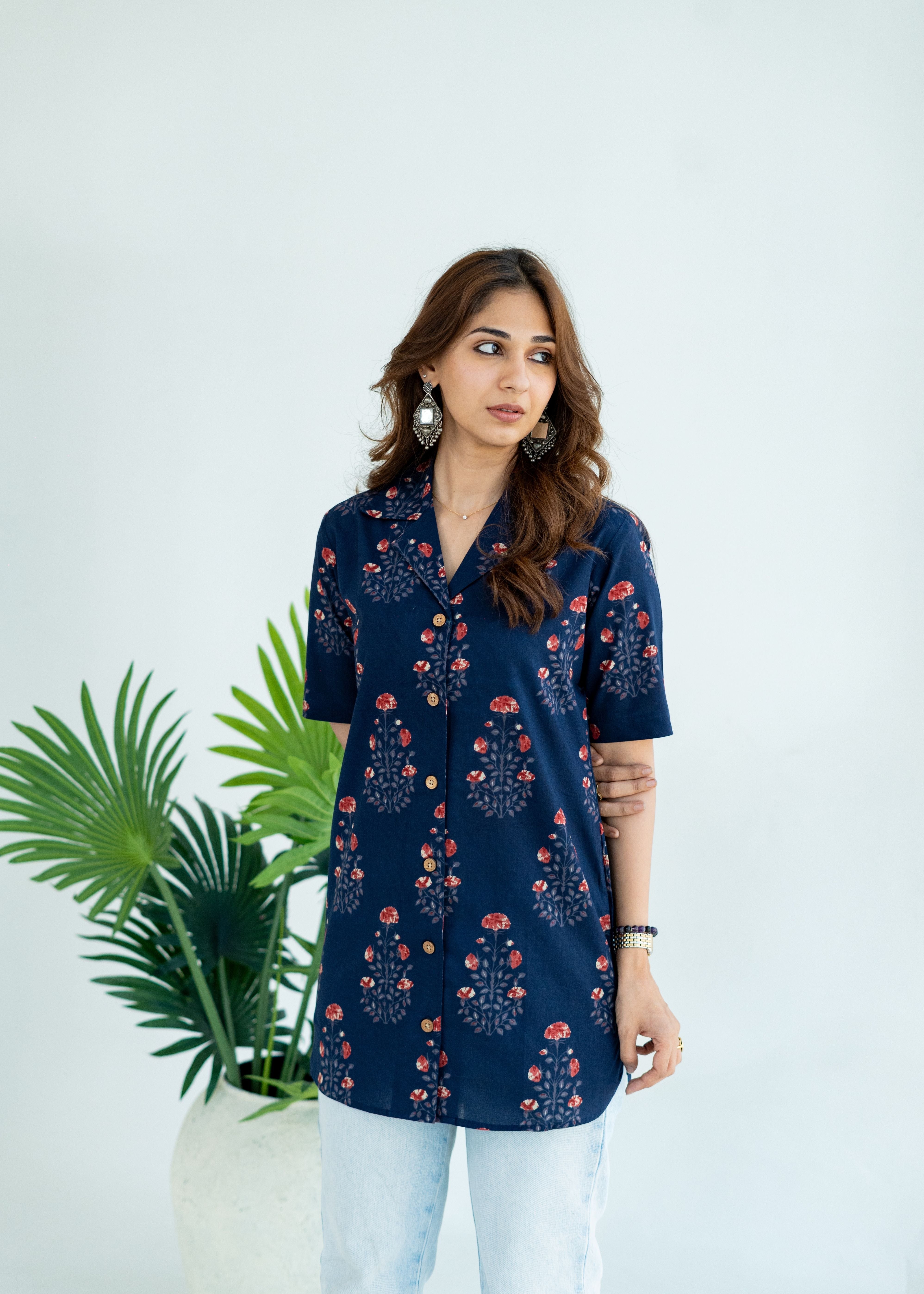 Blue Sanganeri Floral Cotton Printed Shirt Kurti