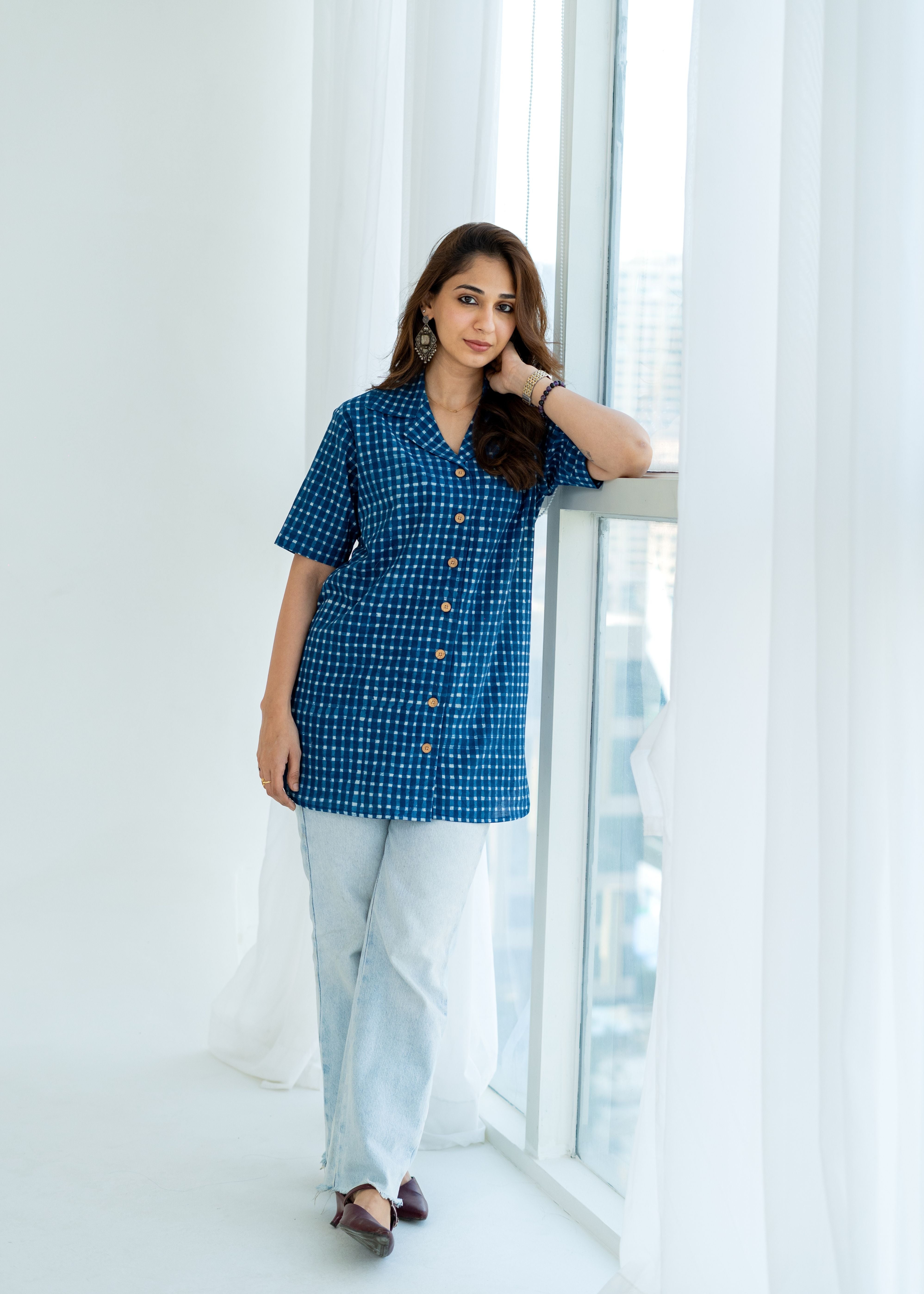 Indigo Checks Handblock Cotton Shirt Kurti