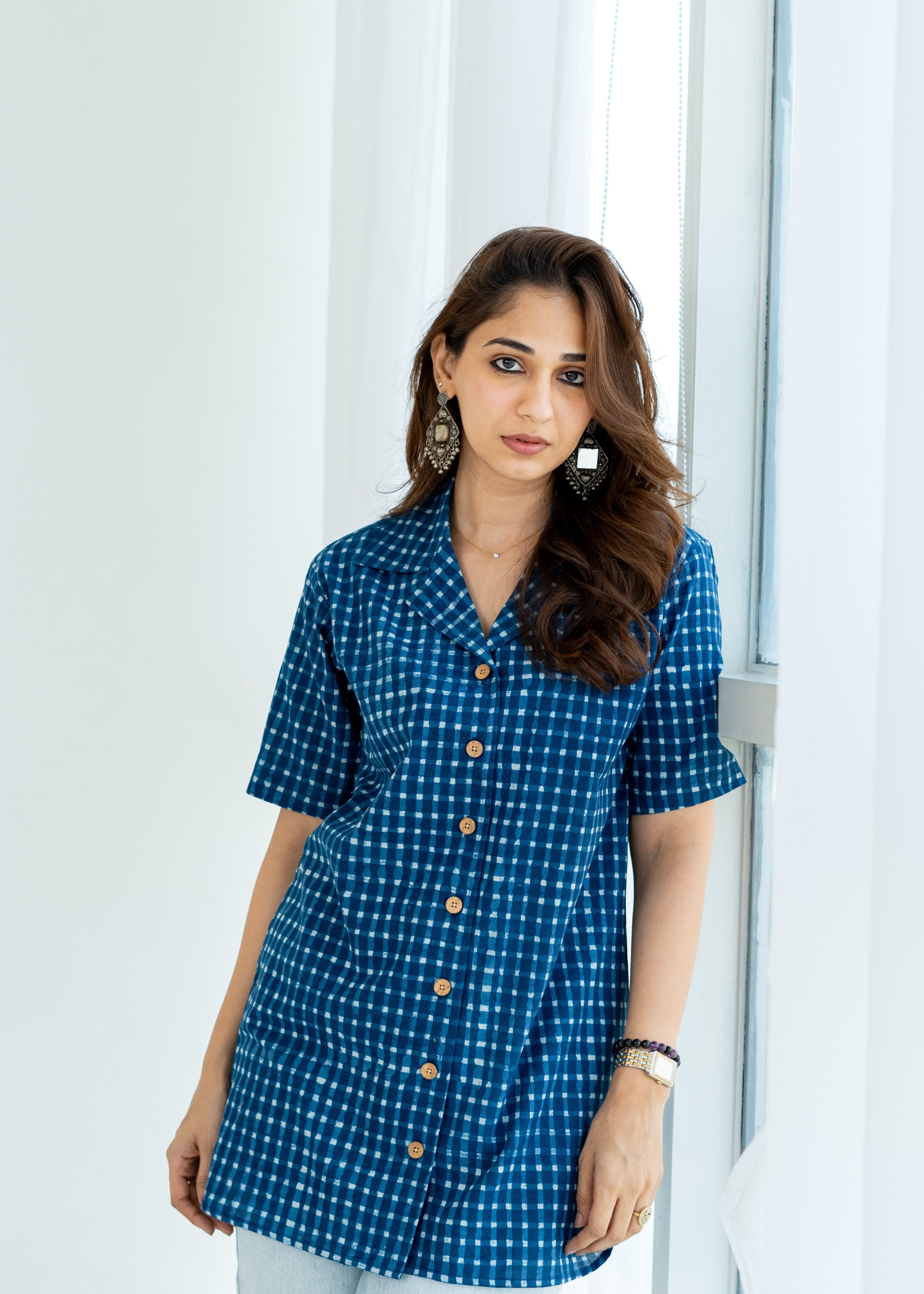 Indigo Checks Handblock Cotton Shirt Kurti