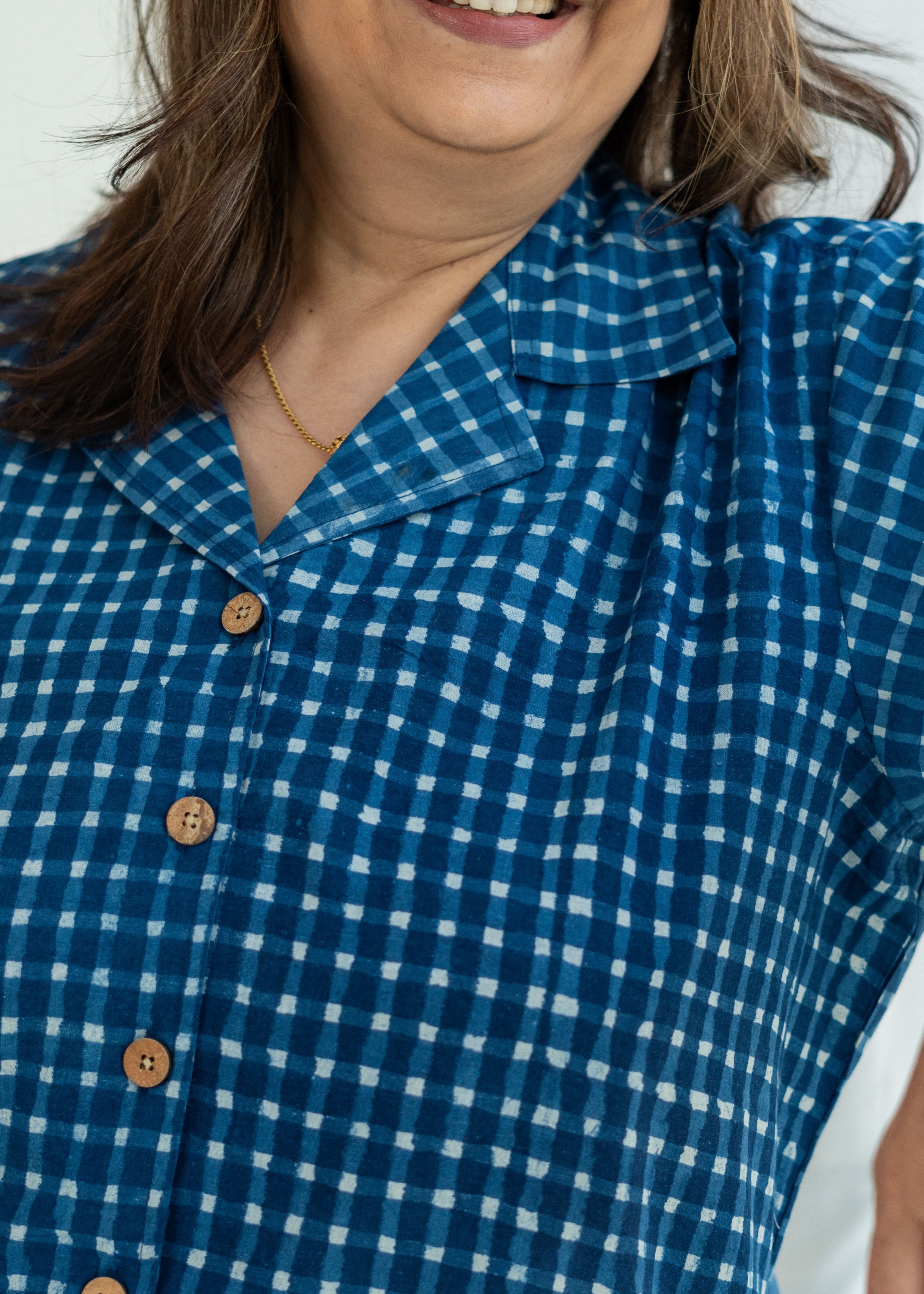 Indigo Checks Handblock Cotton Shirt Kurti
