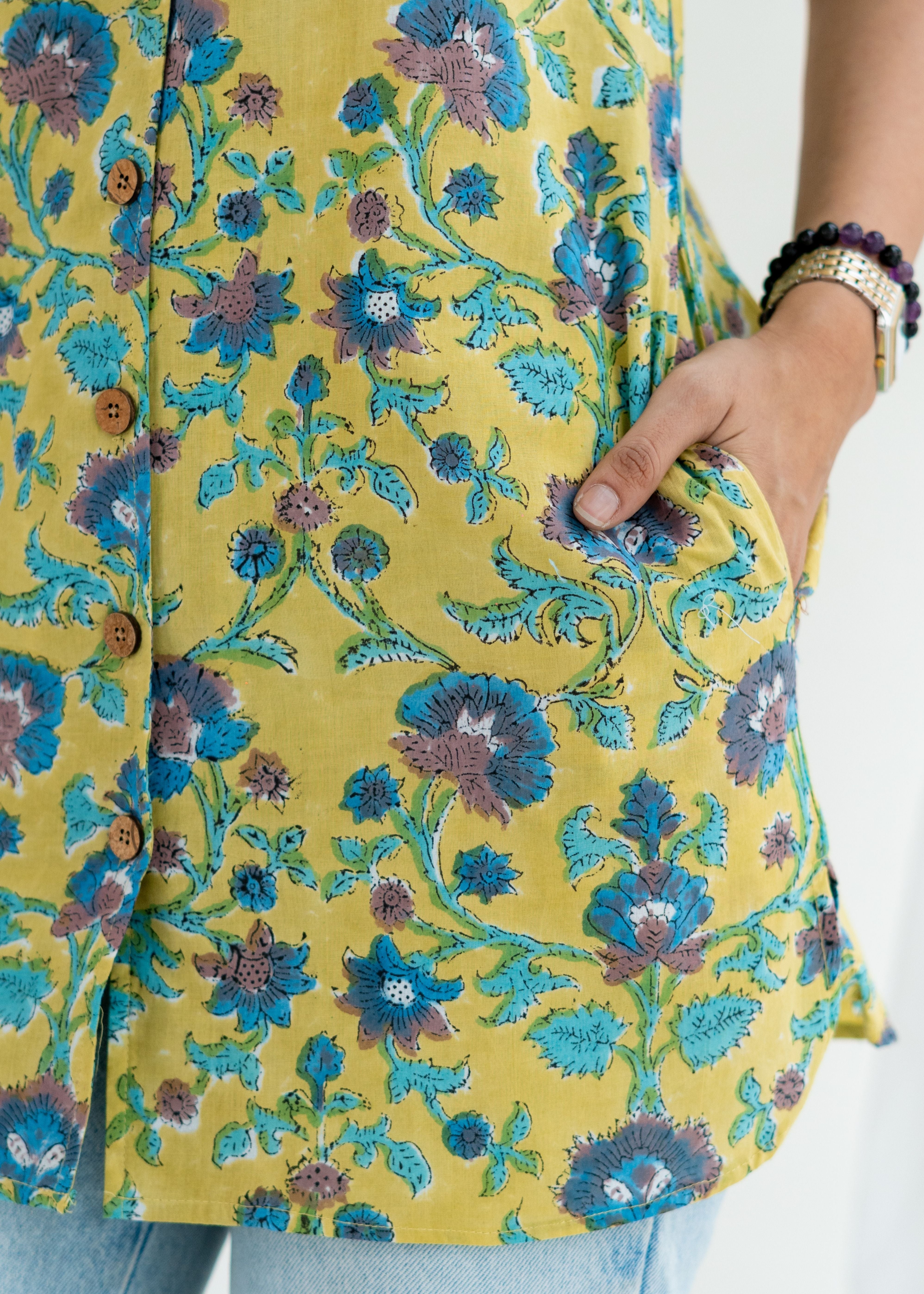 Lemon Sanganeri Floral Handblock Cotton Shirt Kurti
