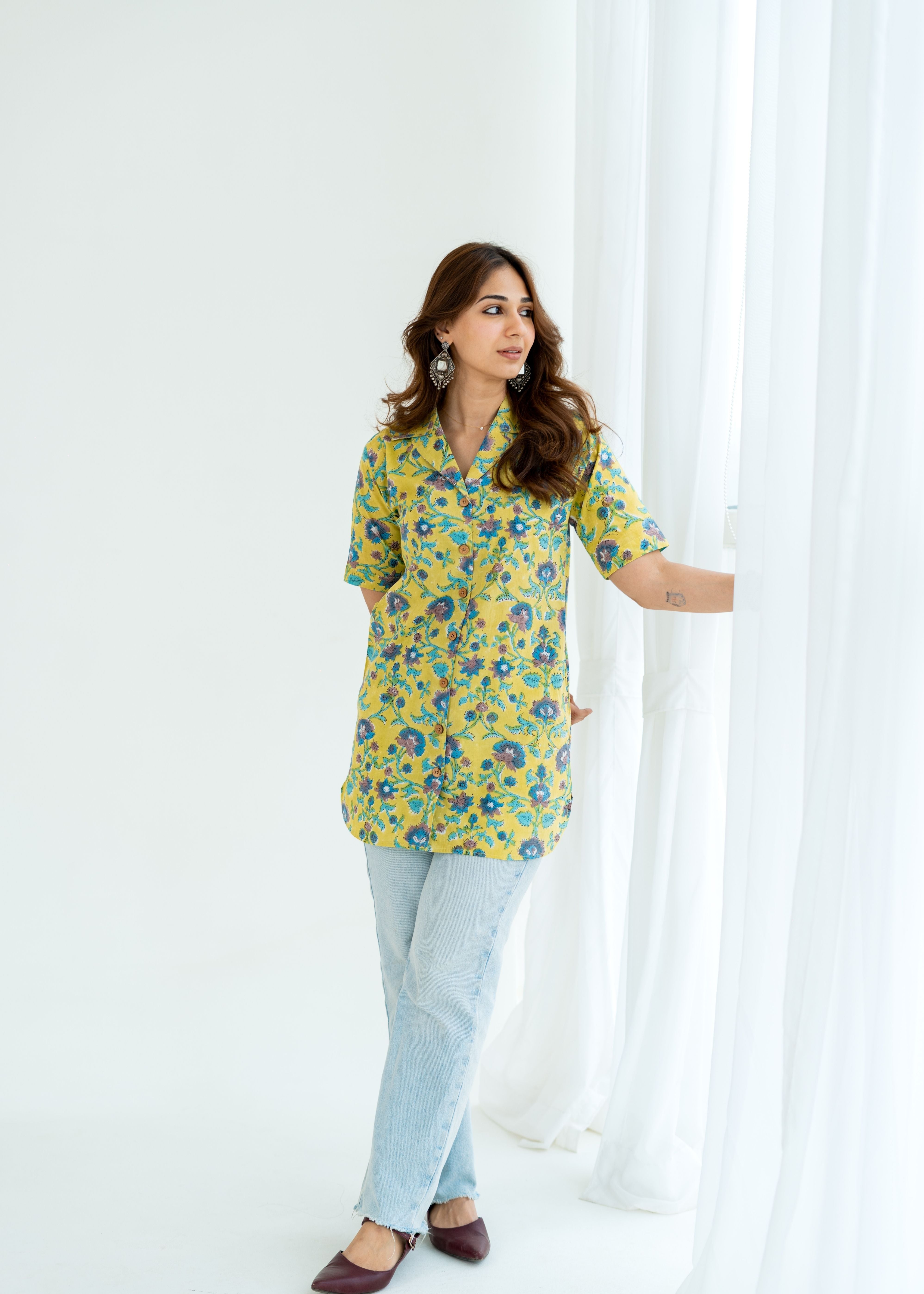 Lemon Sanganeri Floral Handblock Cotton Shirt Kurti