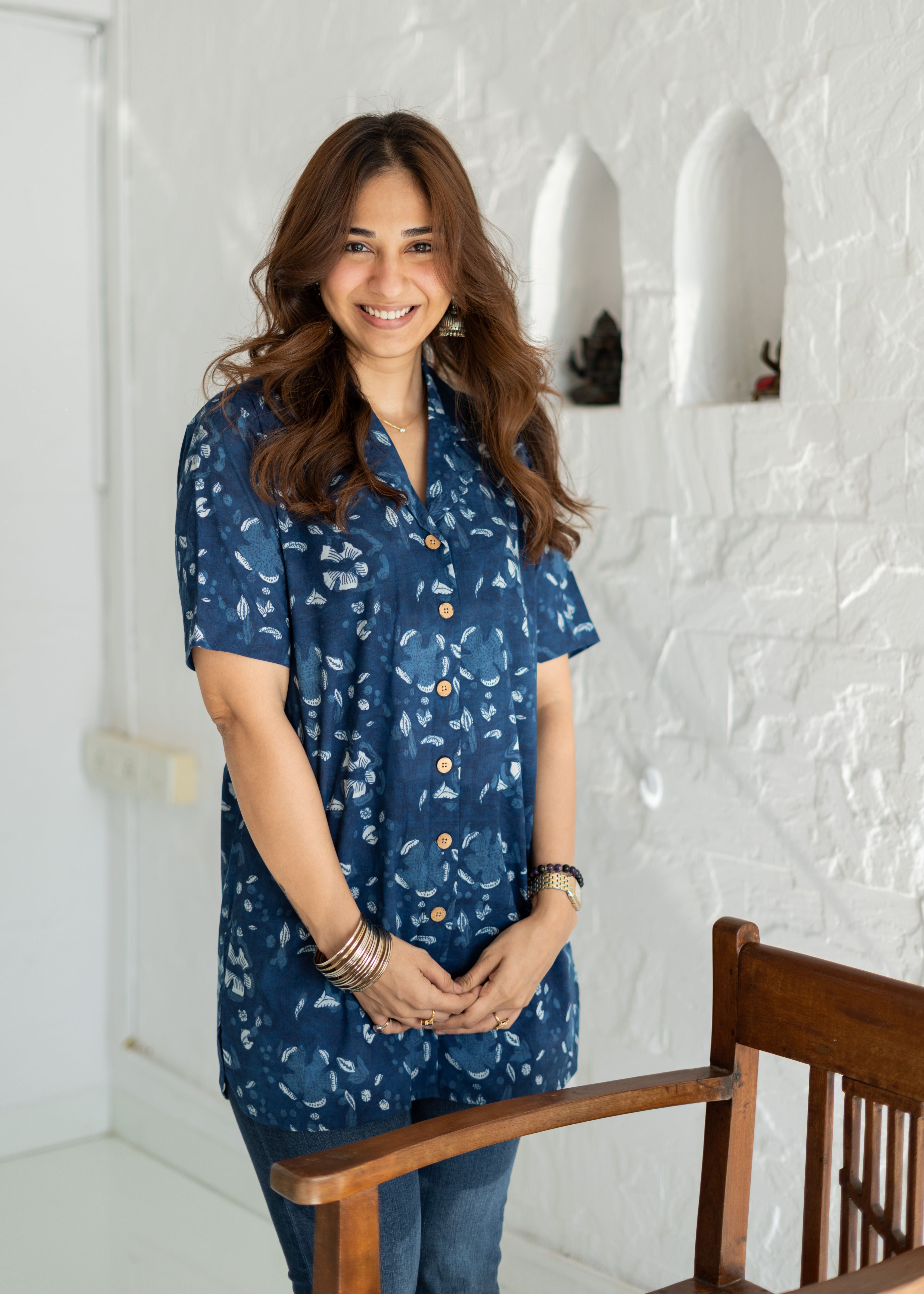 Navy Blue Floral Handblock Cotton Shirt Kurti