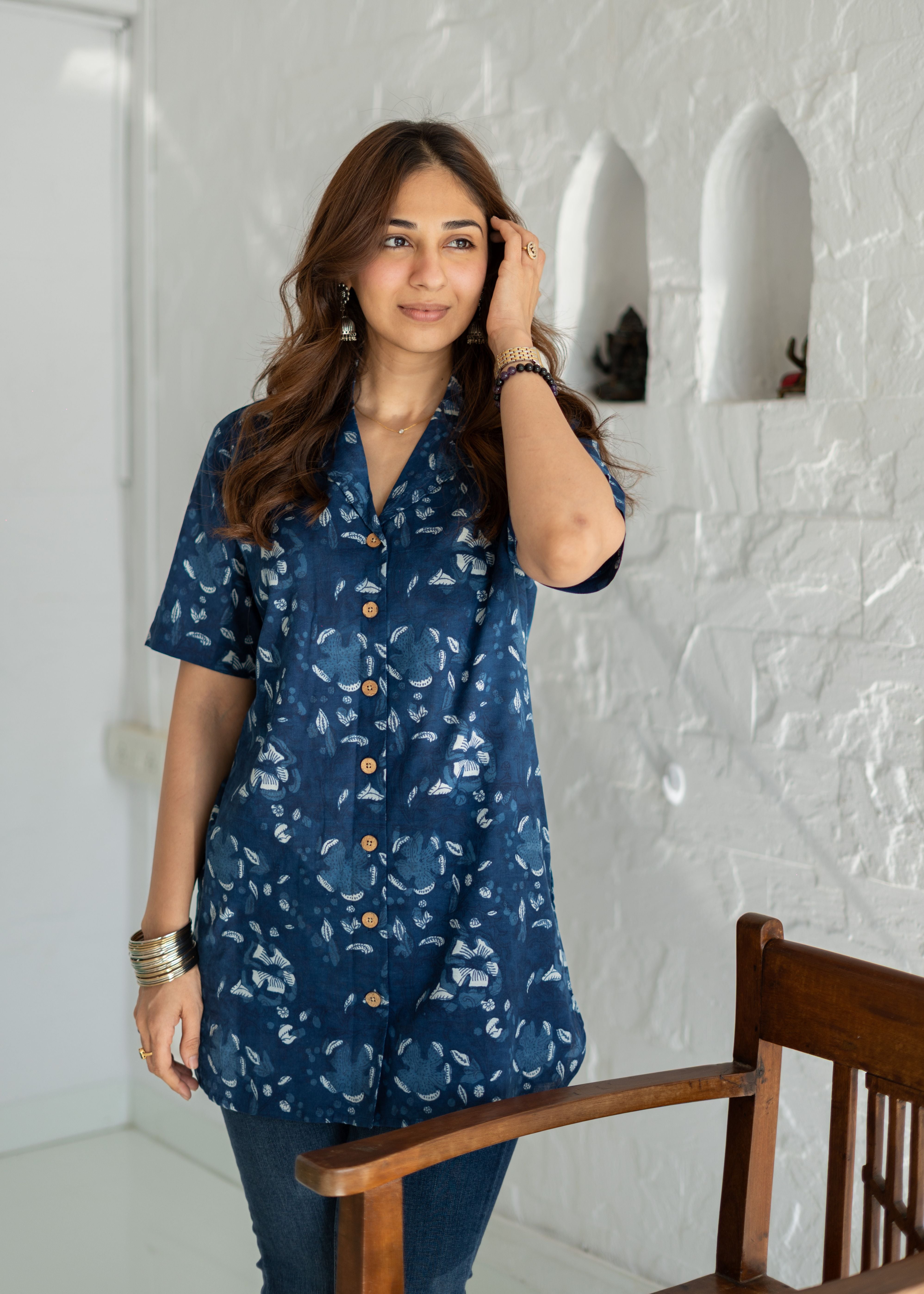 Navy Blue Floral Handblock Cotton Shirt Kurti