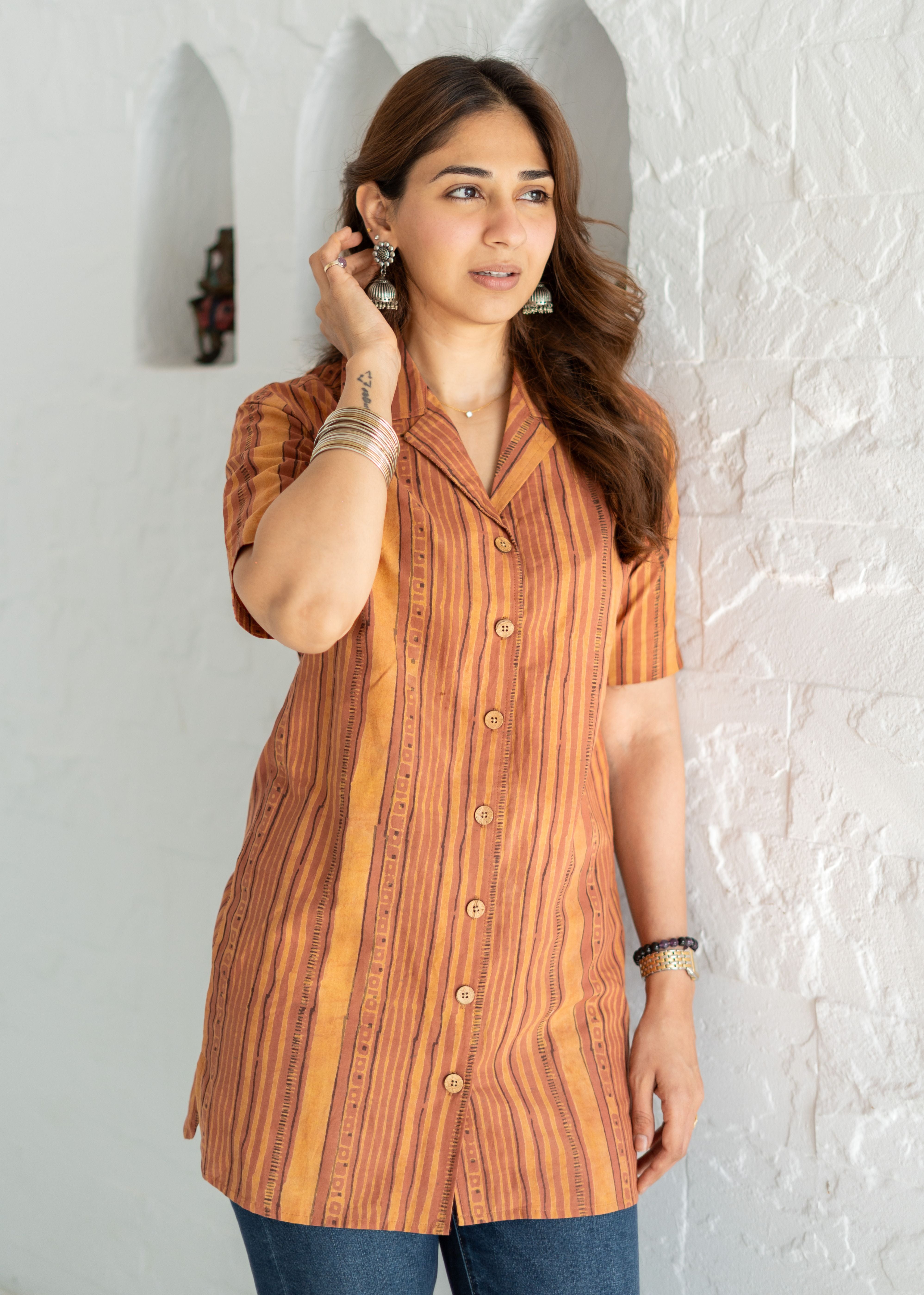 Orange Stripe Handblock Cotton Shirt Kurti