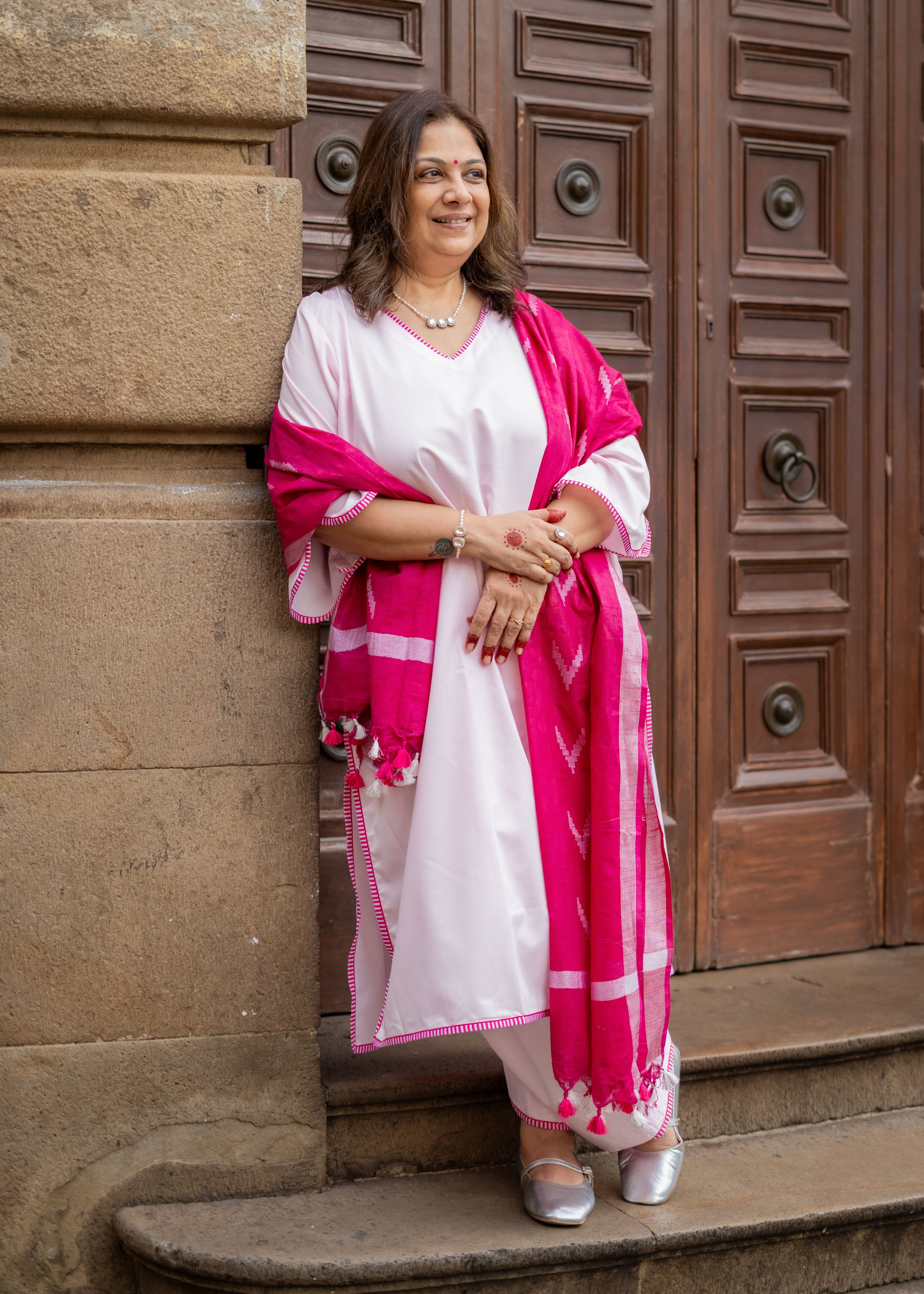 Baby Pink Farshi Salwar with Kurta and Bhagalpuri Ikkat Dupatta ( Full Set )