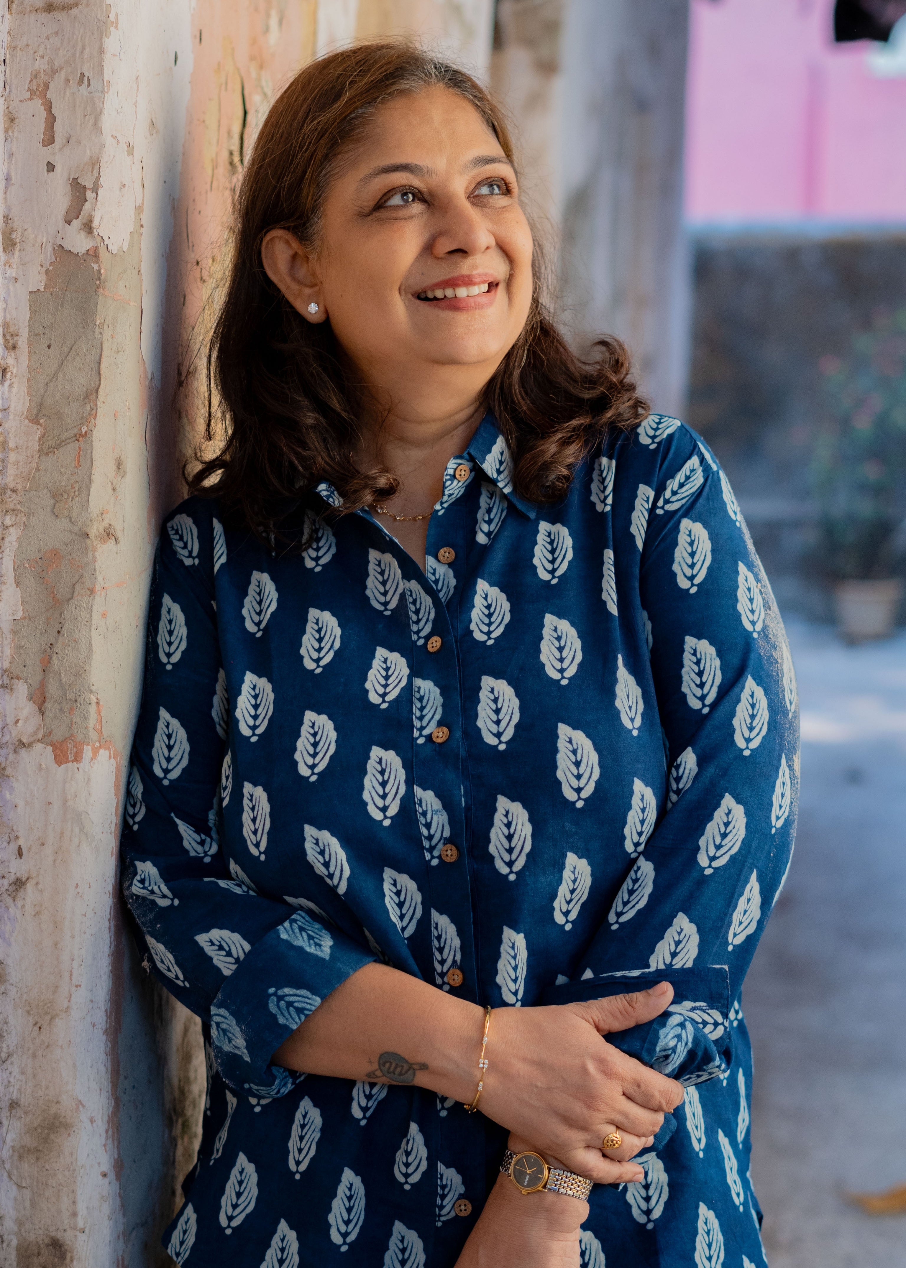 Navy Blue Leaf Handblock Print Shirt